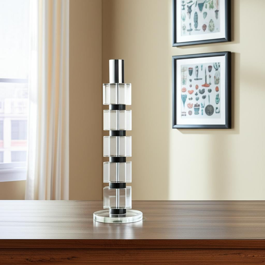 11" Silver Clear And Black Geo Crystal Tabletop Taper Candlestick-Candle Holders-DECOROLALA
