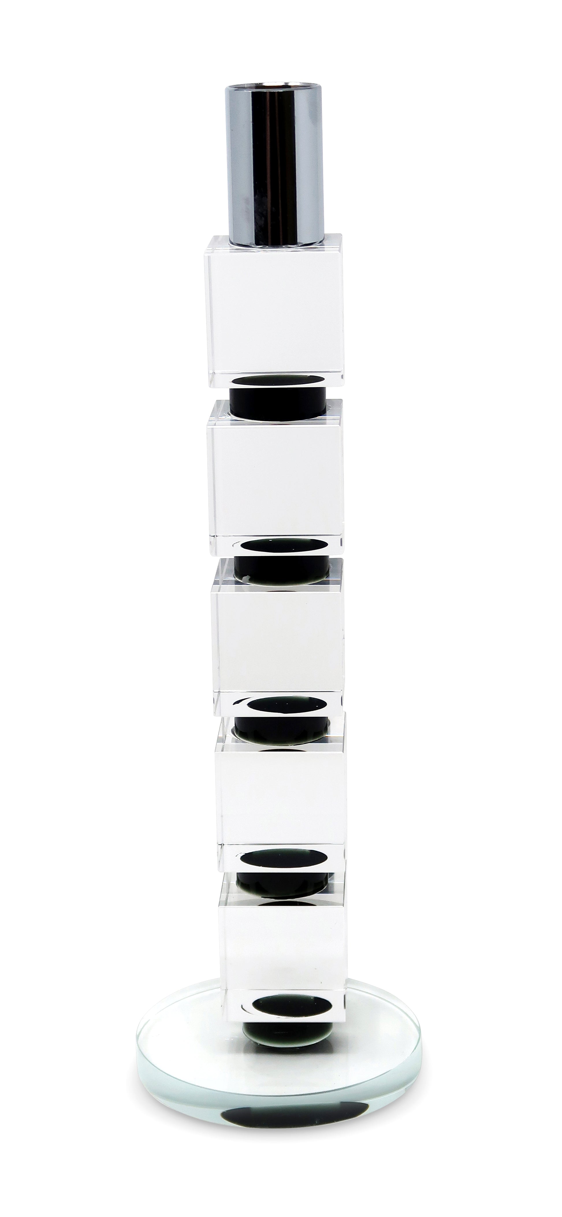 11" Silver Clear And Black Geo Crystal Tabletop Taper Candlestick-Candle Holders-DECOROLALA