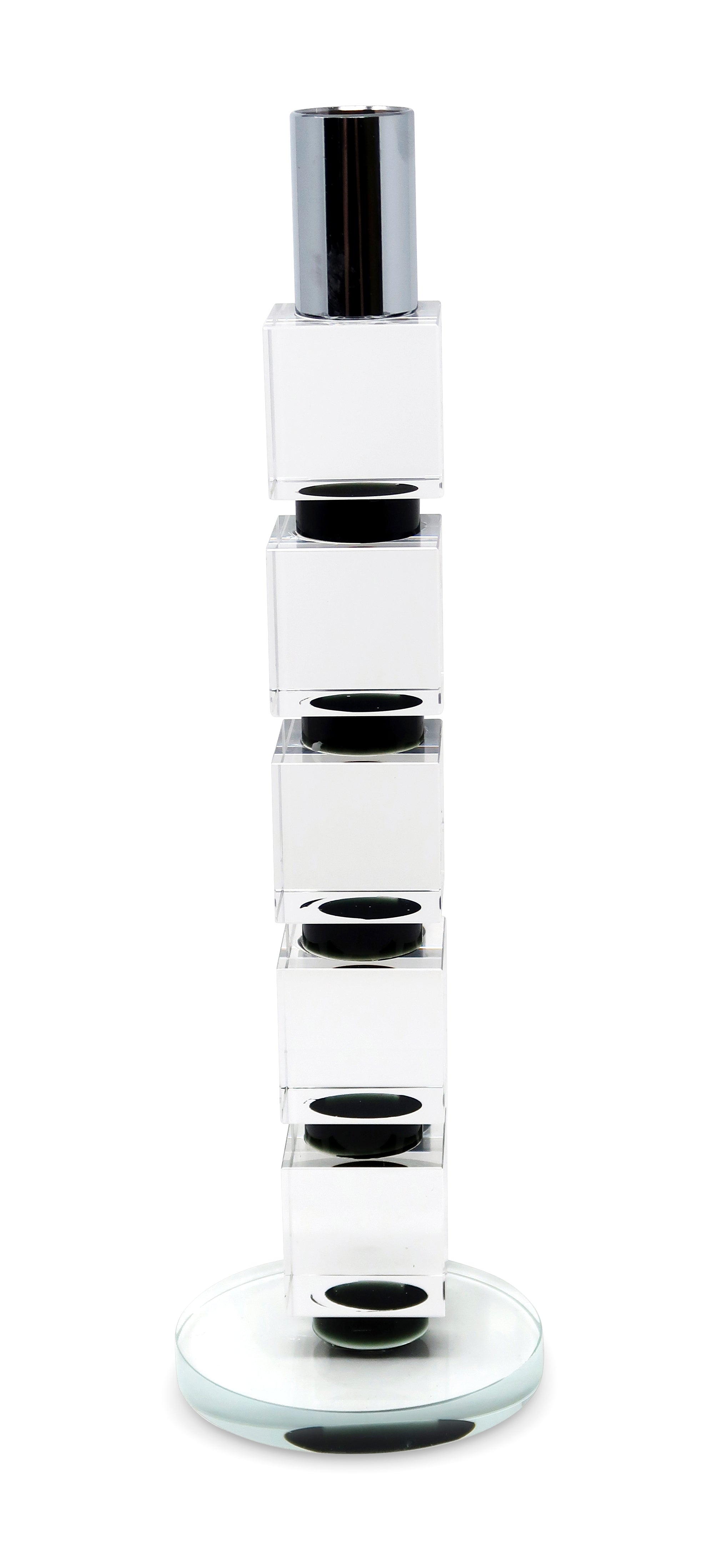 11" Silver Clear And Black Geo Crystal Tabletop Taper Candlestick-Candle Holders-DECOROLALA