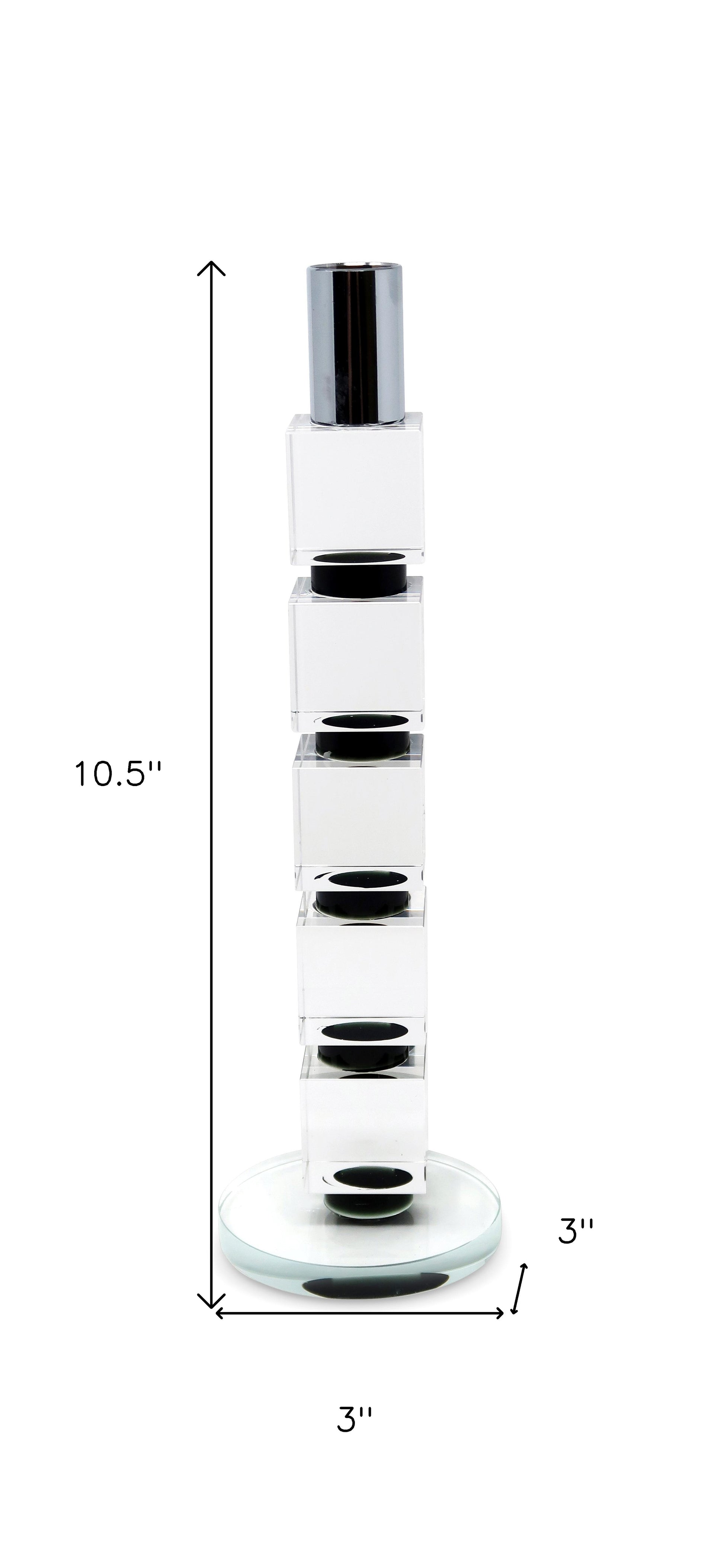 11" Silver Clear And Black Geo Crystal Tabletop Taper Candlestick-Candle Holders-DECOROLALA