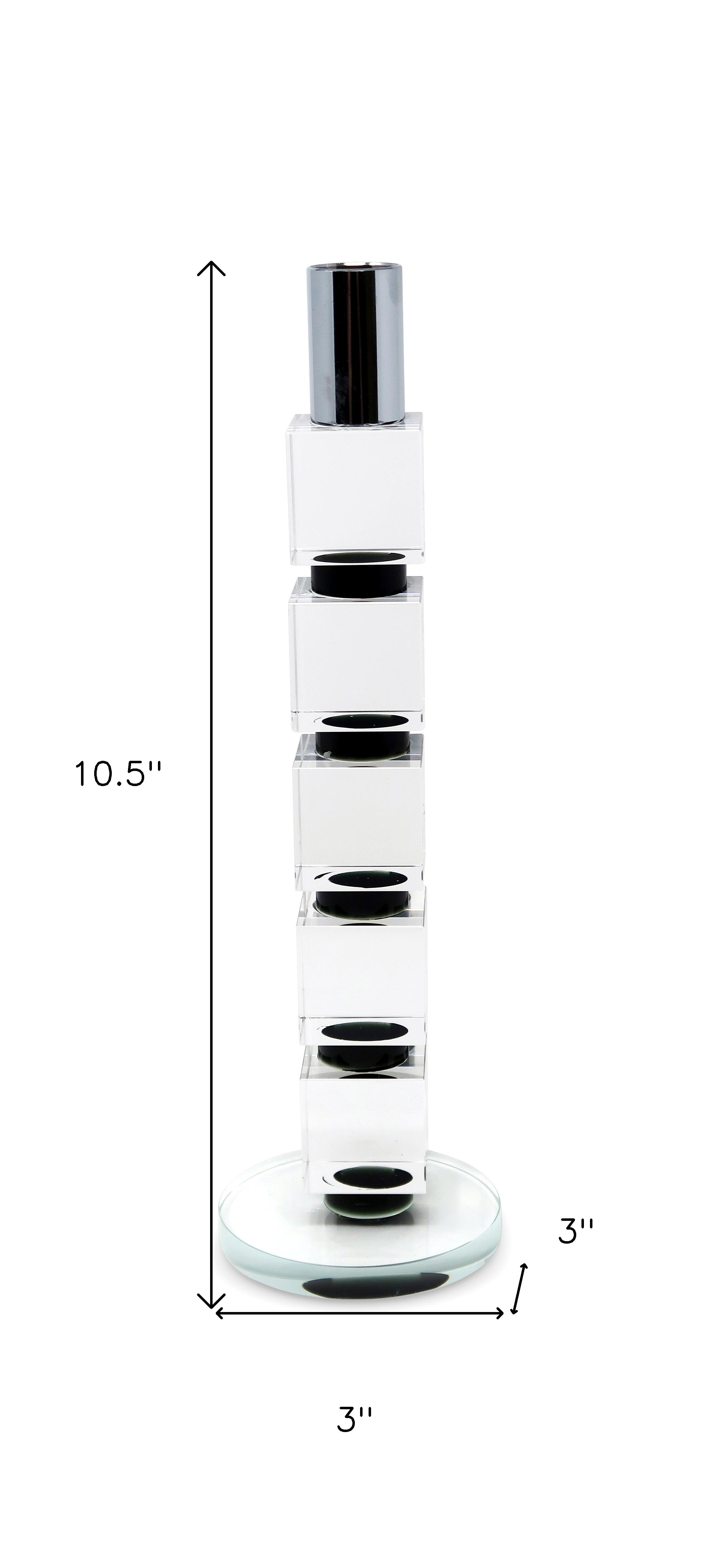 11" Silver Clear And Black Geo Crystal Tabletop Taper Candlestick-Candle Holders-DECOROLALA