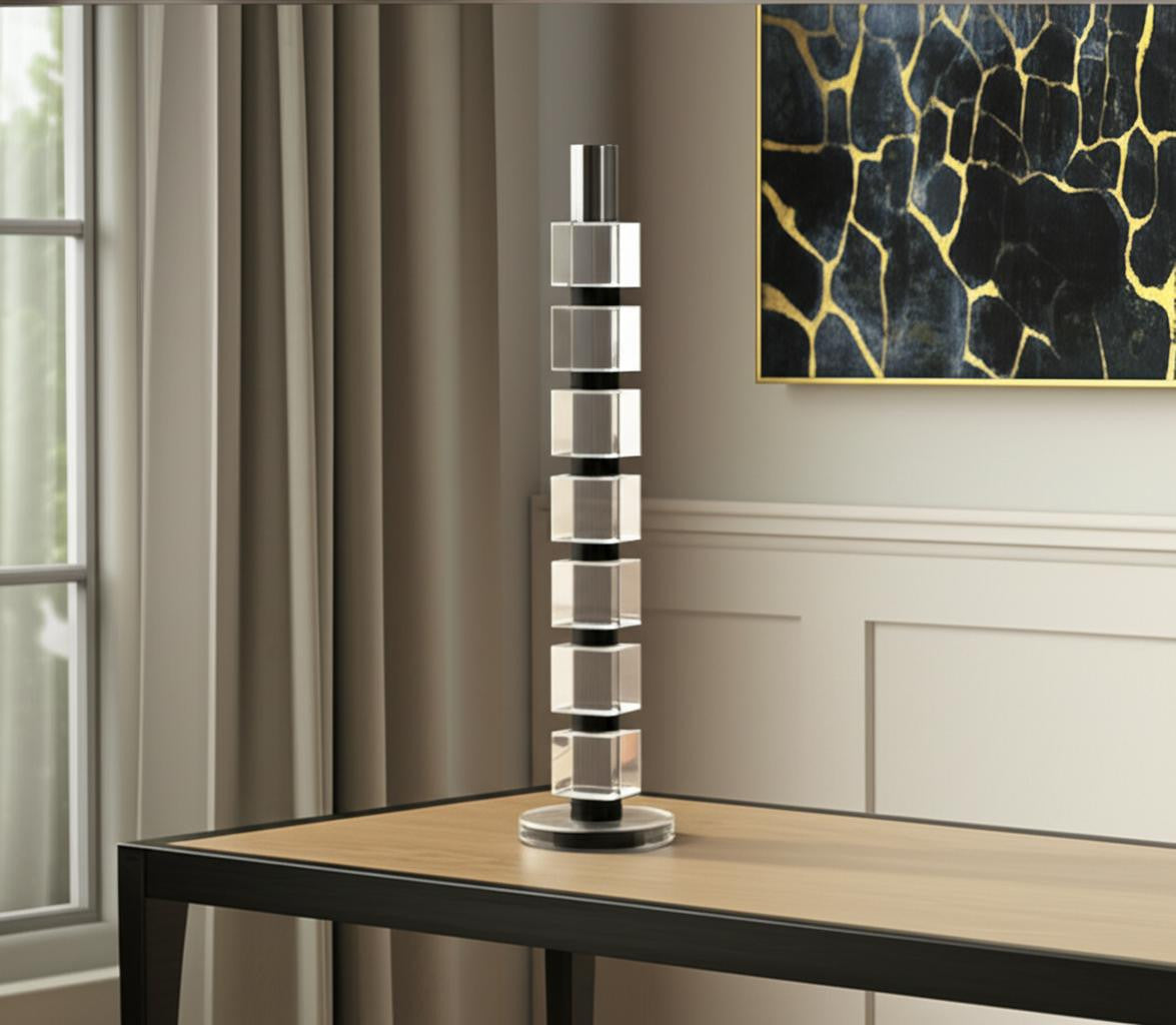 15" Silver Clear And Black Crystal Tabletop Taper Candlestick-Candle Holders-DECOROLALA
