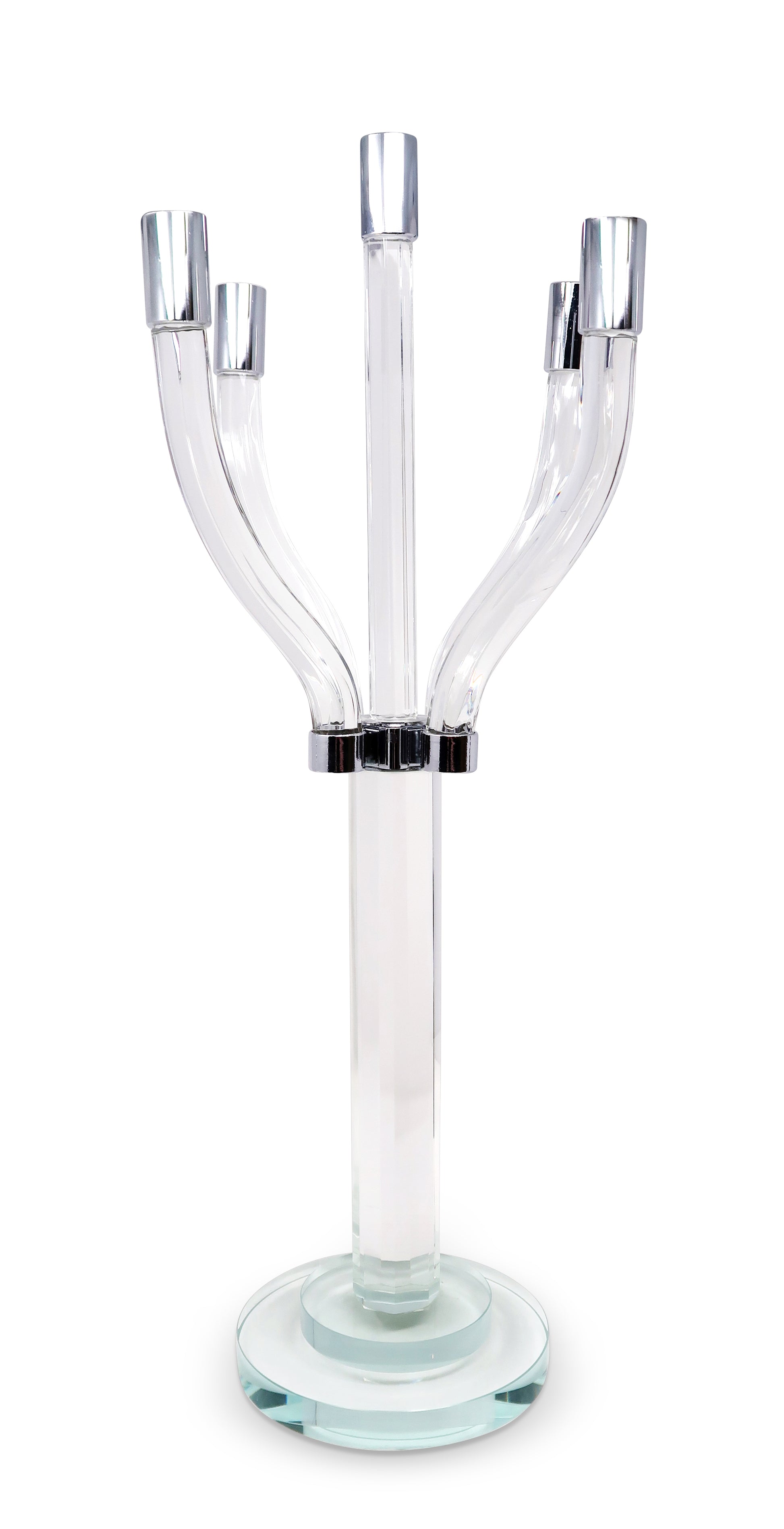 20" Clear And Silver Crystal Tabletop Contempo Candelabra Candle Holder-Candle Holders-DECOROLALA