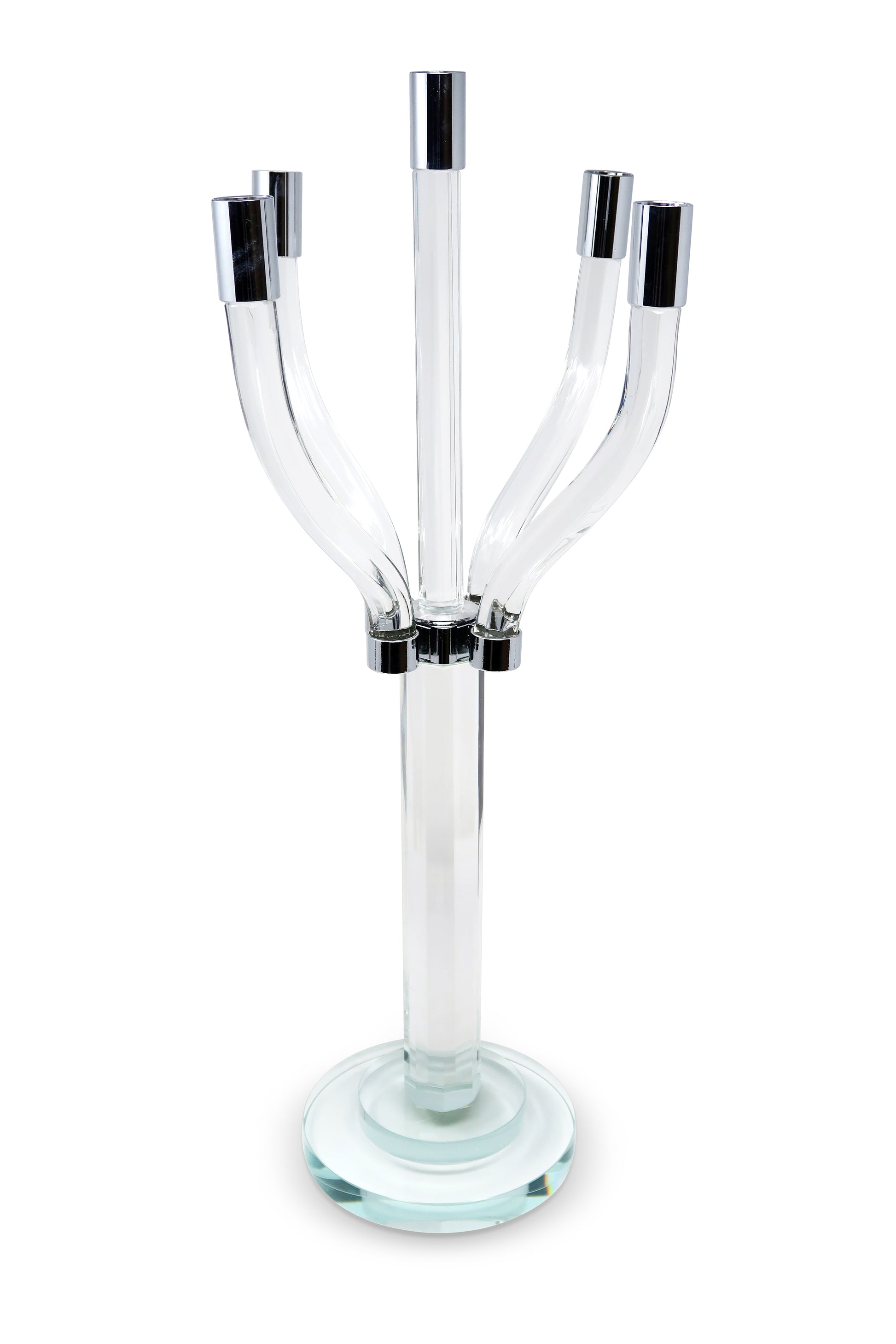 20" Clear And Silver Crystal Tabletop Contempo Candelabra Candle Holder-Candle Holders-DECOROLALA