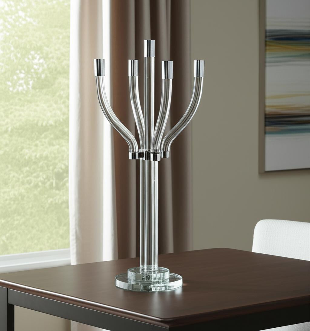 20" Clear And Silver Crystal Tabletop Contempo Candelabra Candle Holder-Candle Holders-DECOROLALA
