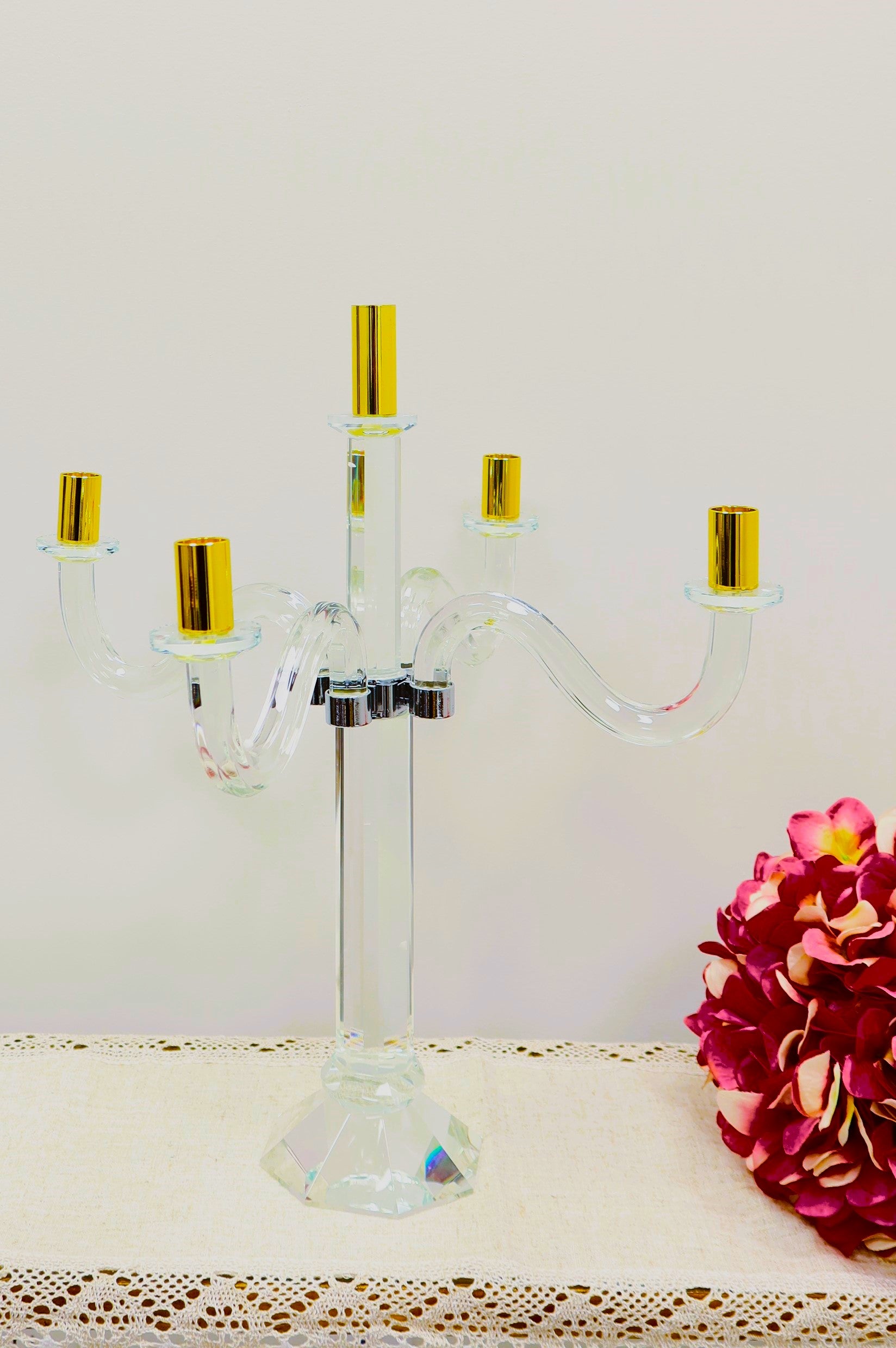 20" Clear Silver And Gold Crystal Tabletop Candelabra Candle Holder-Candle Holders-DECOROLALA