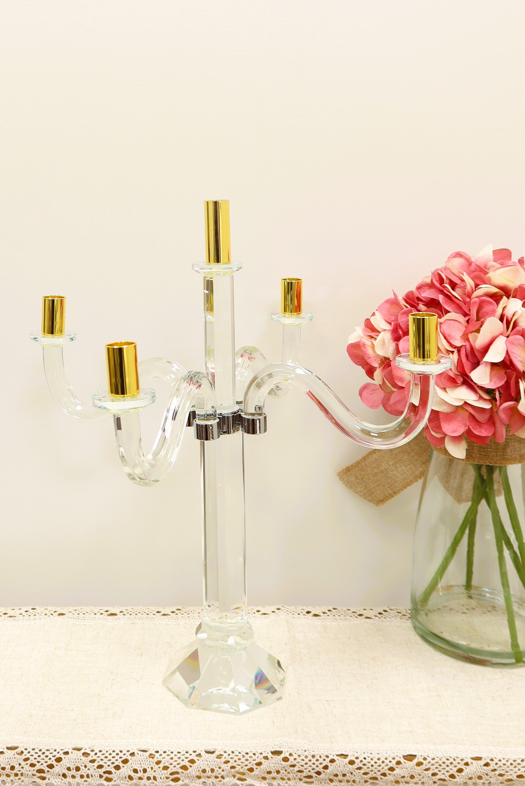 20" Clear Silver And Gold Crystal Tabletop Candelabra Candle Holder-Candle Holders-DECOROLALA