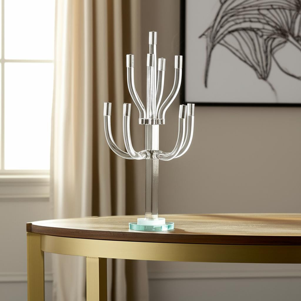23" Clear And Silver Crystal Tabletop Candelabra Candle Holder-Candle Holders-DECOROLALA