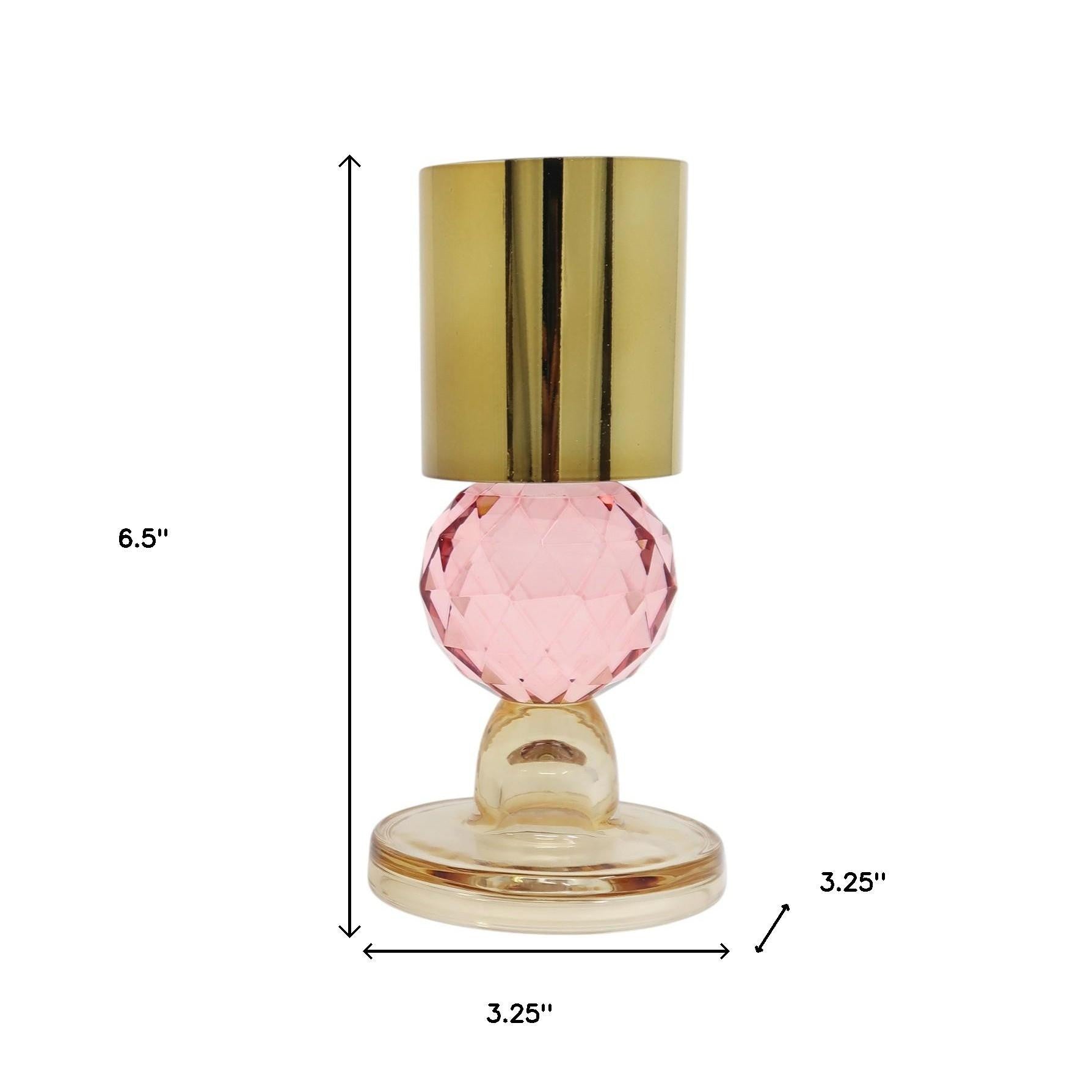 Set of Two Amber Gold And Pink Faceted Crystal Tabletop Taper Candlesticks-Candle Holders-DECOROLALA