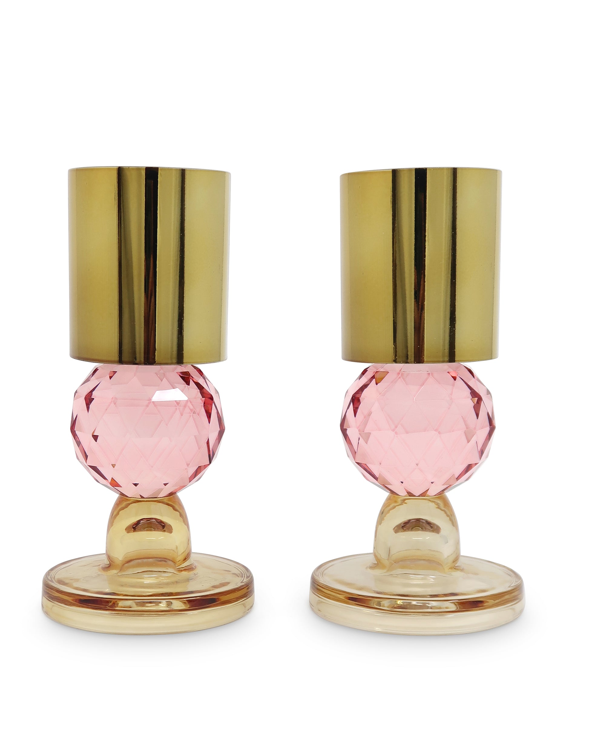 Set of Two Amber Gold And Pink Faceted Crystal Tabletop Taper Candlesticks-Candle Holders-DECOROLALA