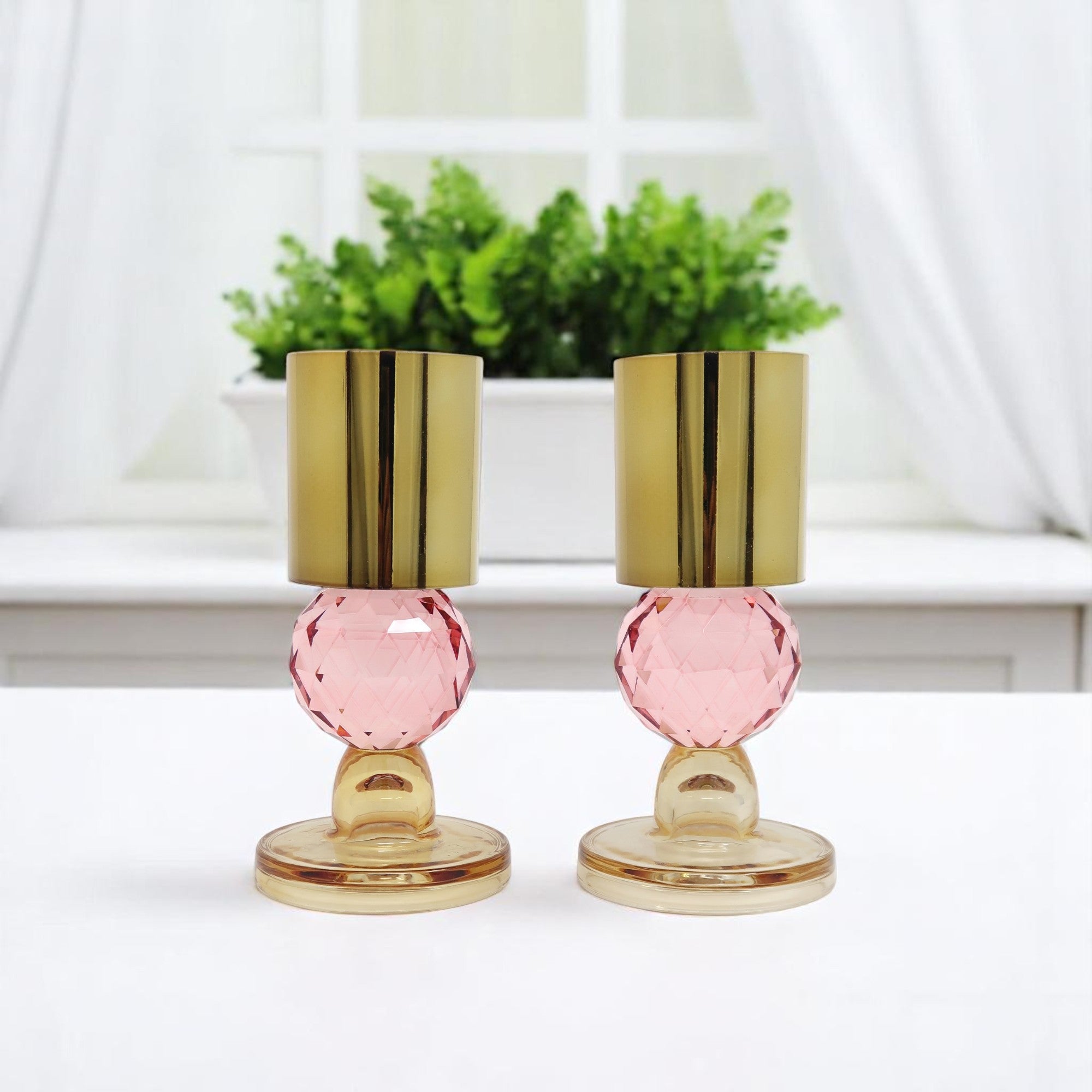 Set of Two Amber Gold And Pink Faceted Crystal Tabletop Taper Candlesticks-Candle Holders-DECOROLALA