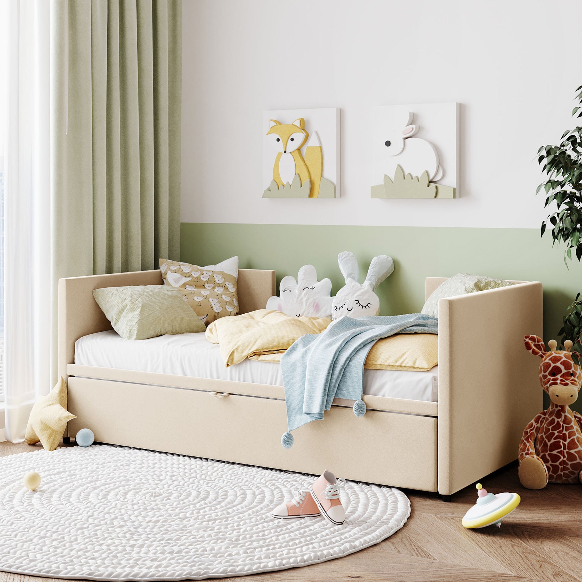 Beige Upholstered Twin Day Bed With Trundle-8
