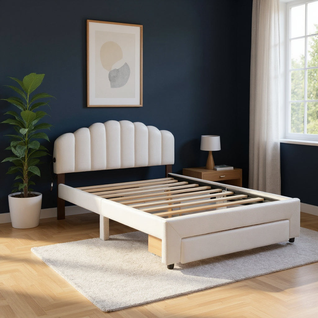 White Tufted Boucle Lighted Queen Bed Frame With USB And Drawer-0