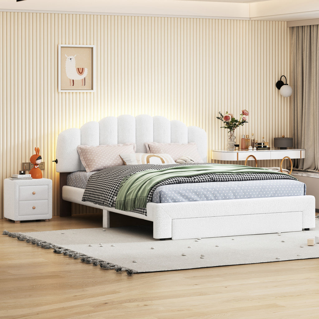 White Tufted Boucle Lighted Queen Bed Frame With USB And Drawer-8