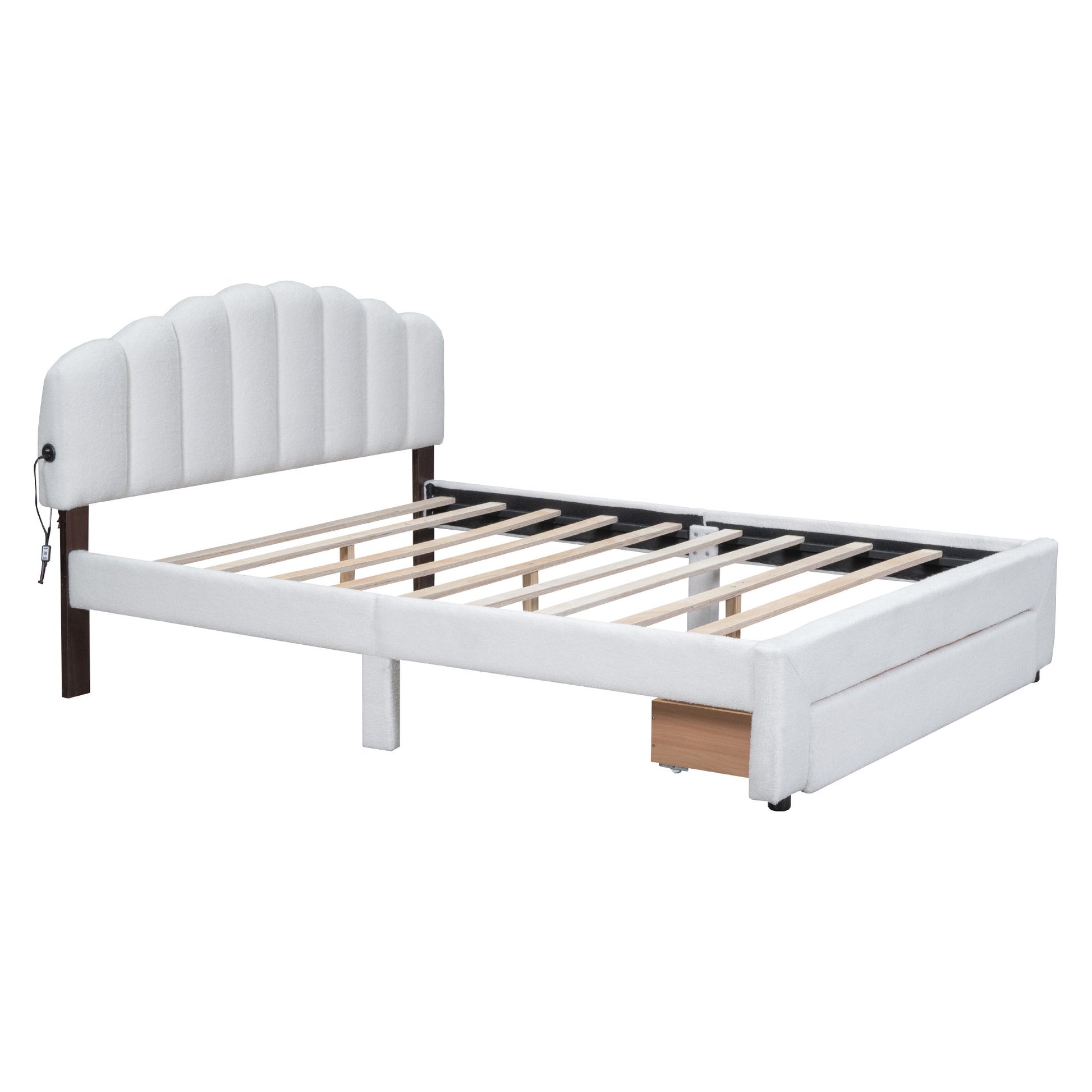 White Tufted Boucle Lighted Queen Bed Frame With USB And Drawer-1