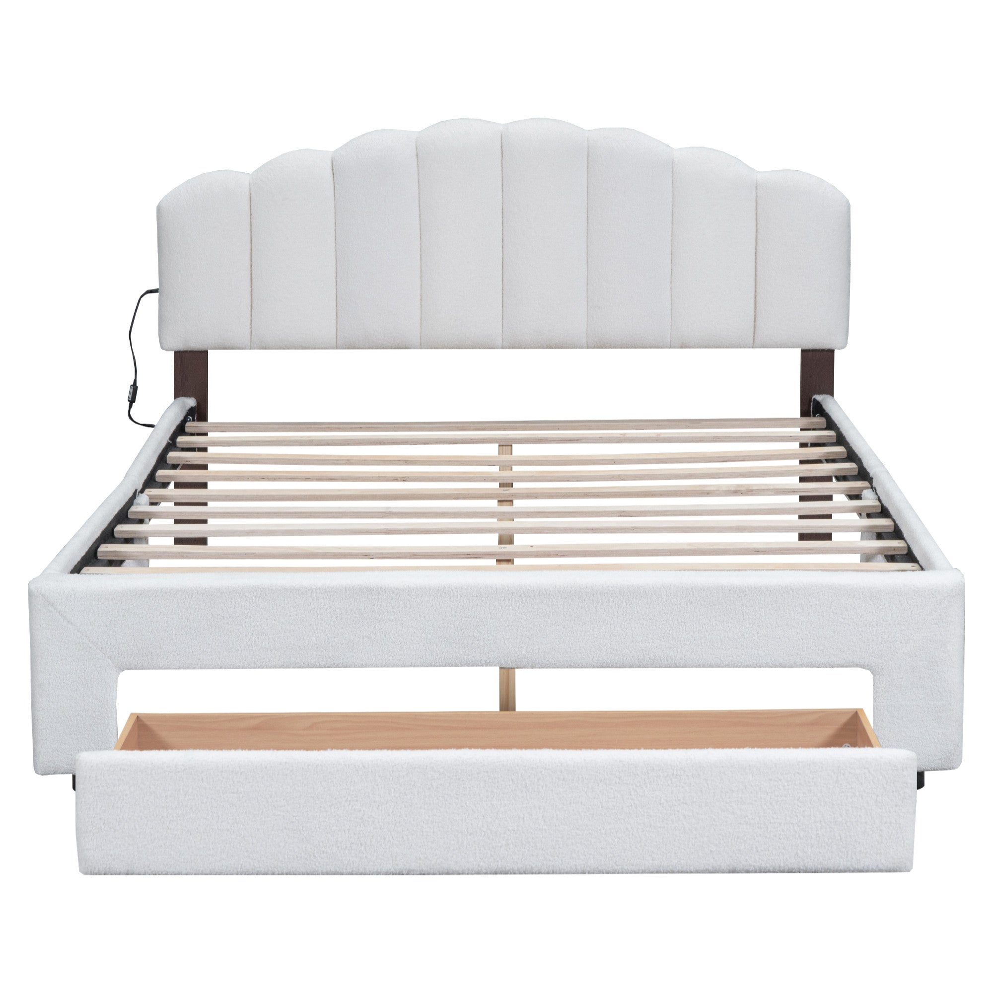 White Tufted Boucle Lighted Queen Bed Frame With USB And Drawer-2