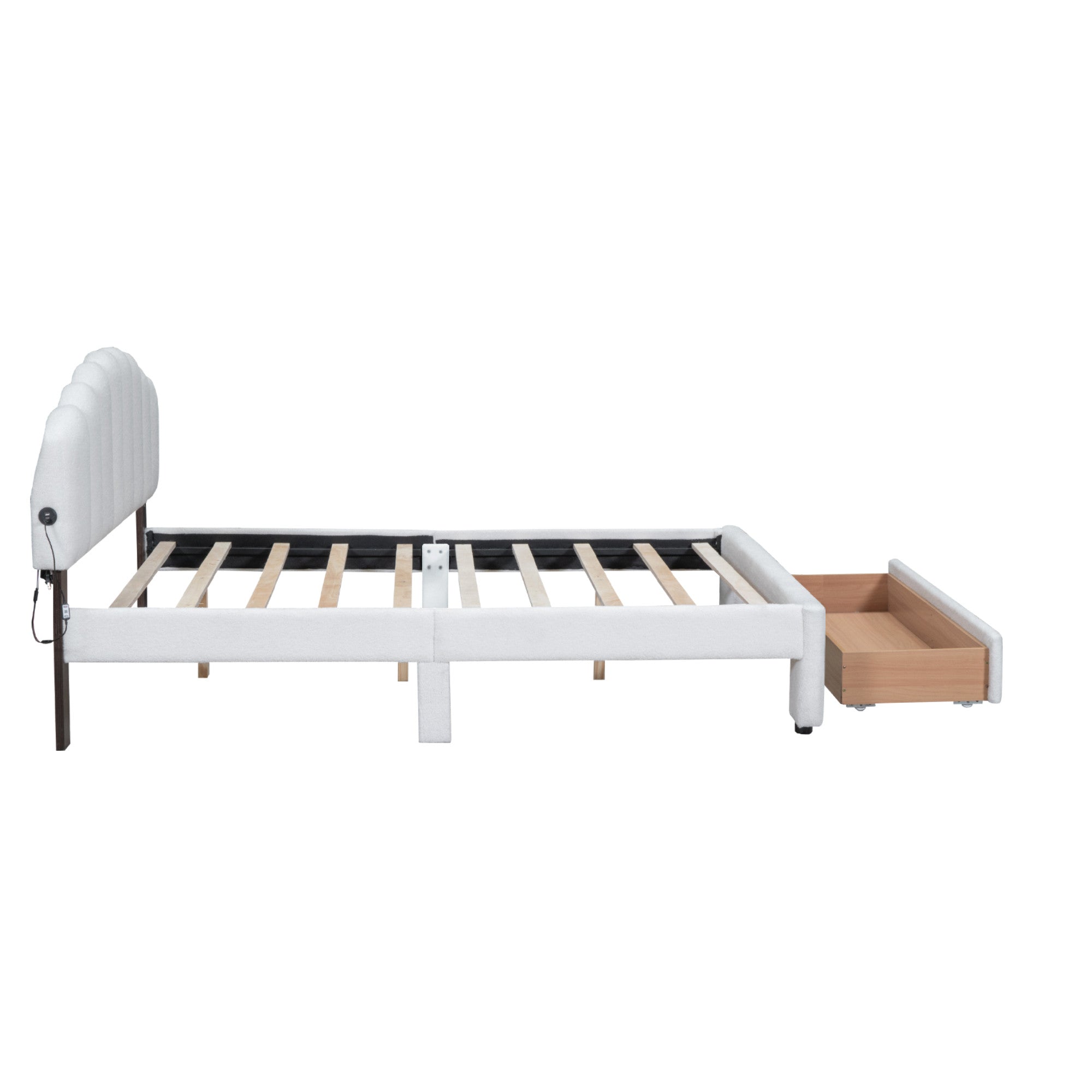 White Tufted Boucle Lighted Queen Bed Frame With USB And Drawer-3