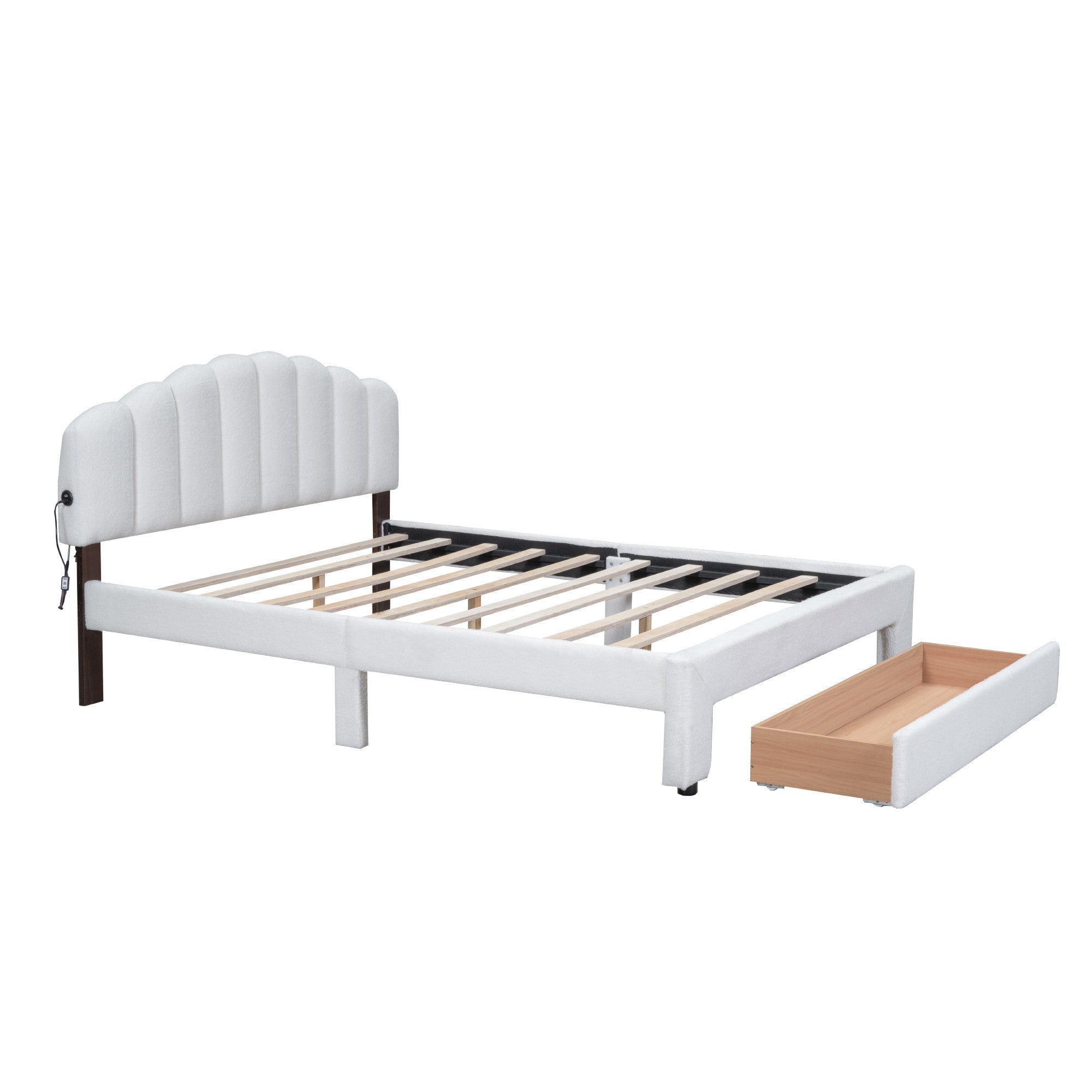 White Tufted Boucle Lighted Queen Bed Frame With USB And Drawer-4