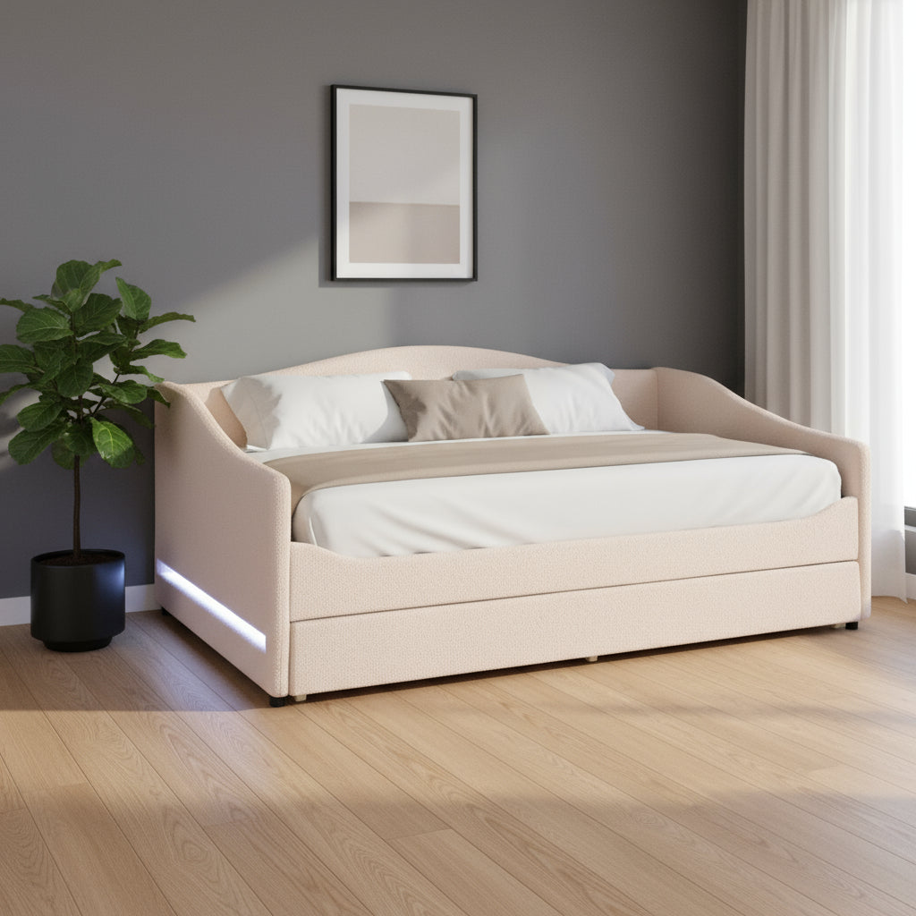 Beige Tufted Boucle Twin Day Bed With LED Lighting And Trundle And USB-0
