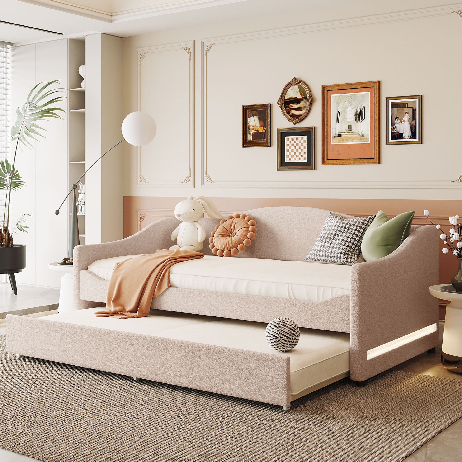 Beige Tufted Boucle Twin Day Bed With LED Lighting And Trundle And USB-8