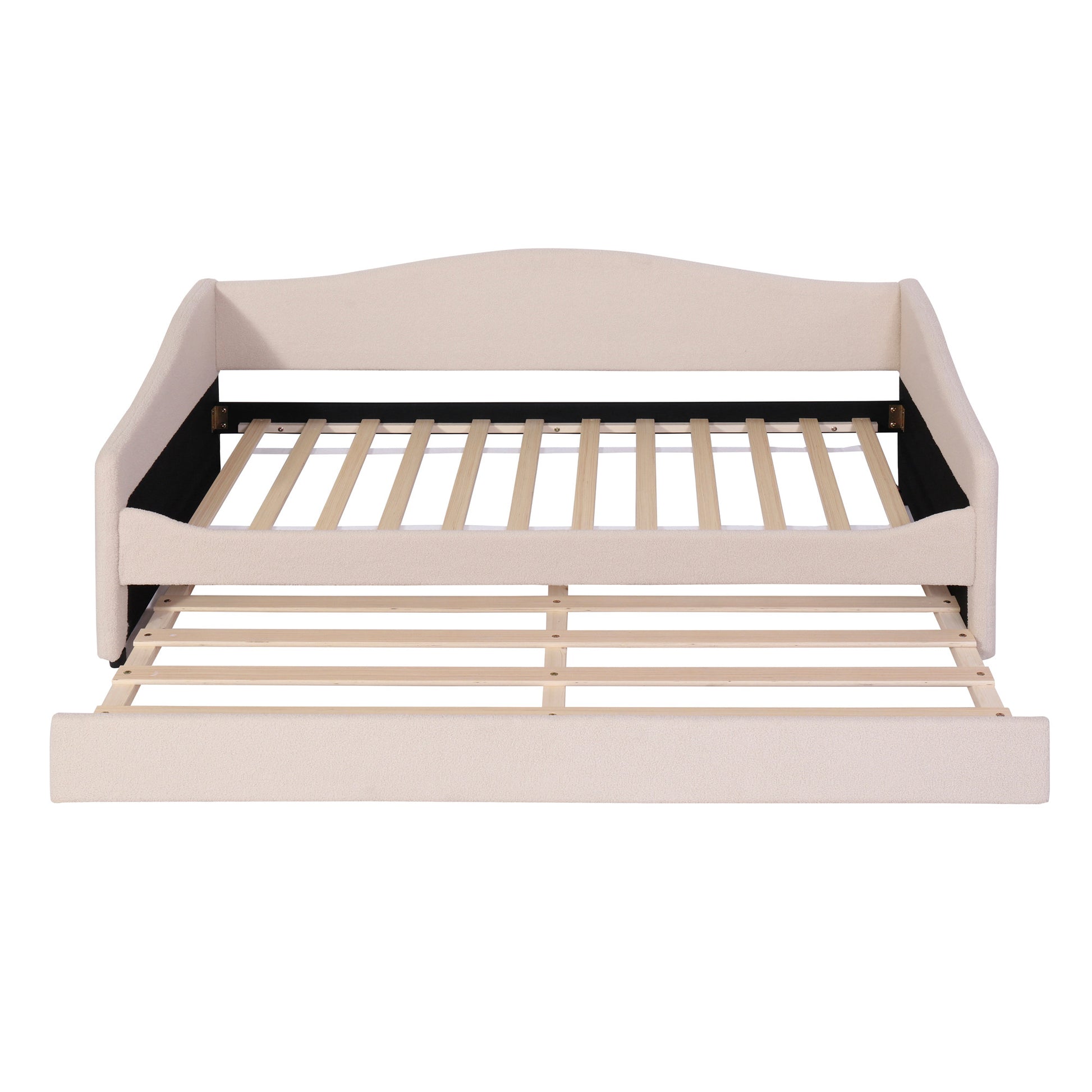 Beige Tufted Boucle Twin Day Bed With LED Lighting And Trundle And USB-1