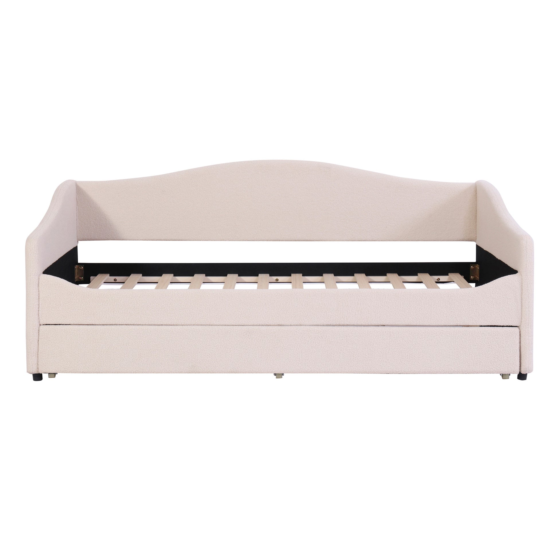Beige Tufted Boucle Twin Day Bed With LED Lighting And Trundle And USB-2