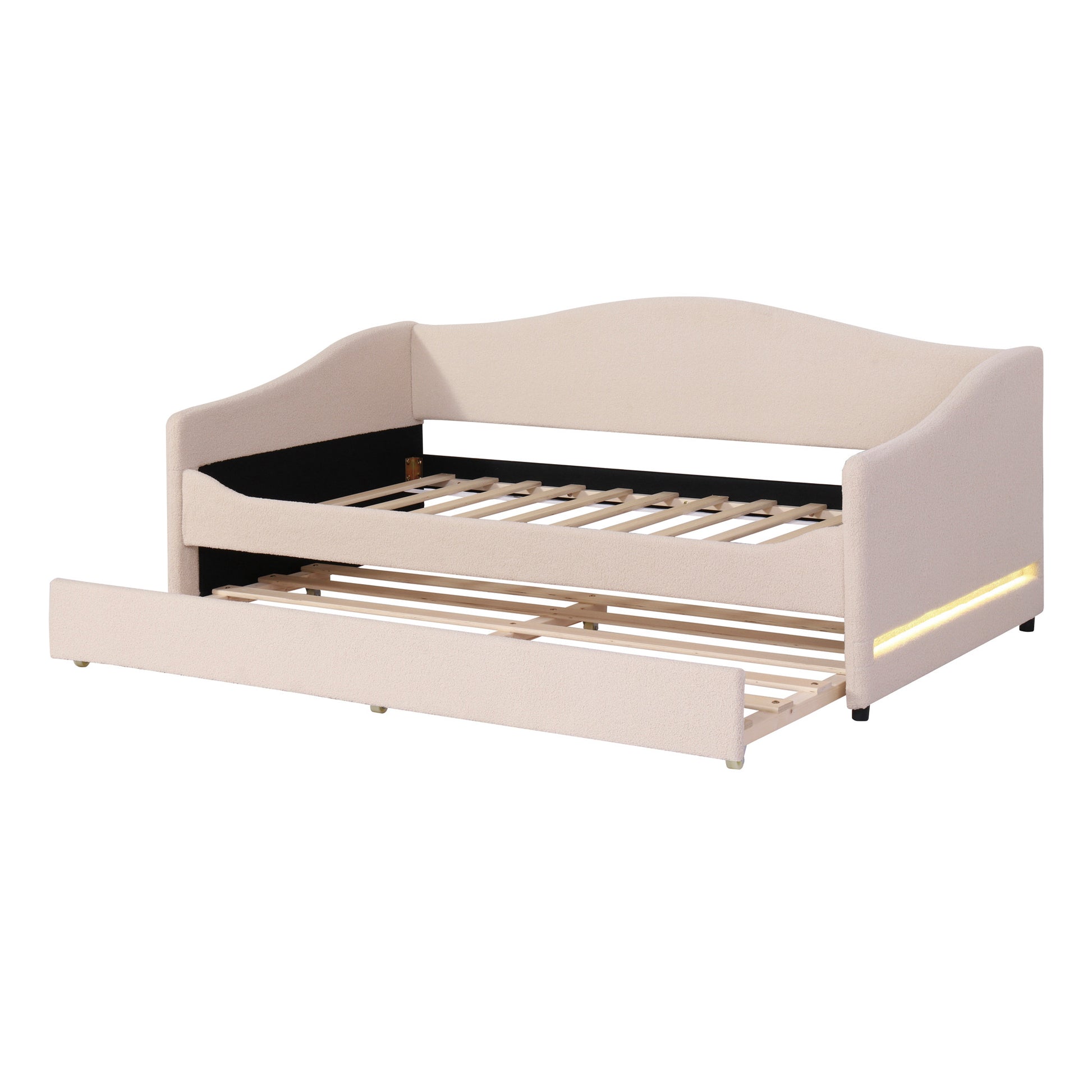 Beige Tufted Boucle Twin Day Bed With LED Lighting And Trundle And USB-4
