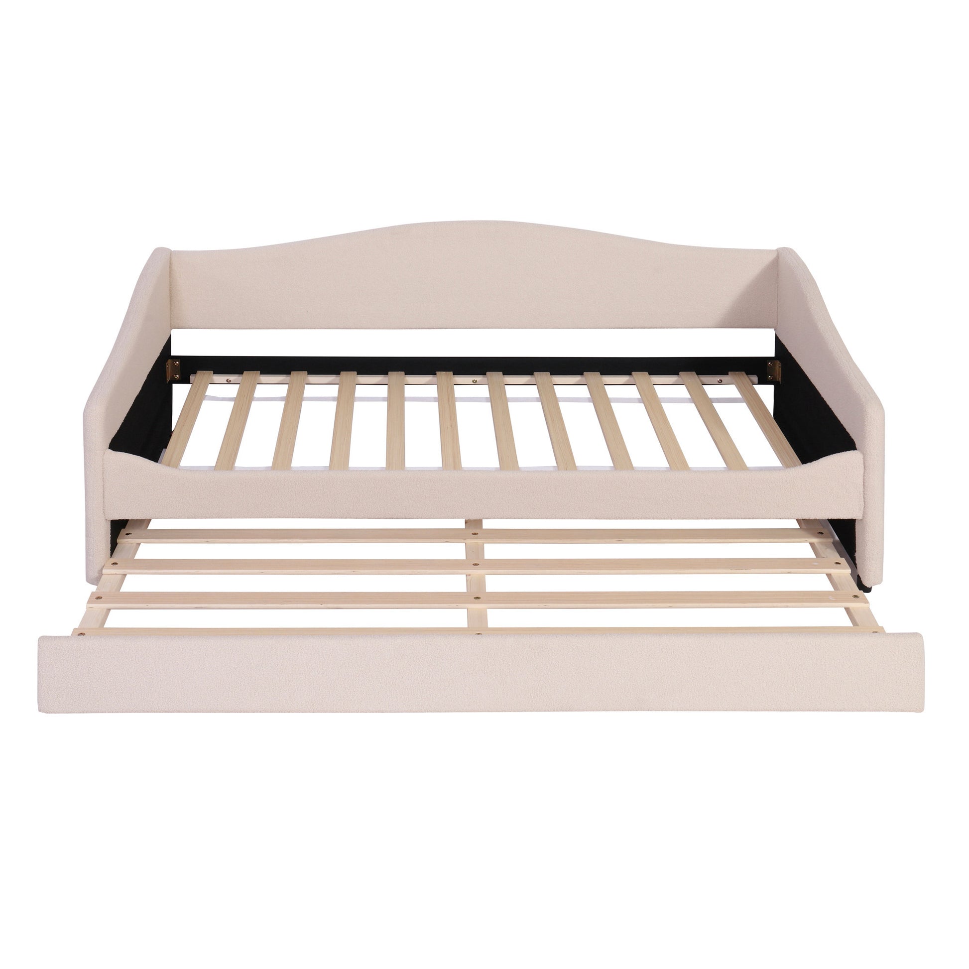 Beige Tufted Boucle Twin Day Bed With LED Lighting And Trundle And USB-7