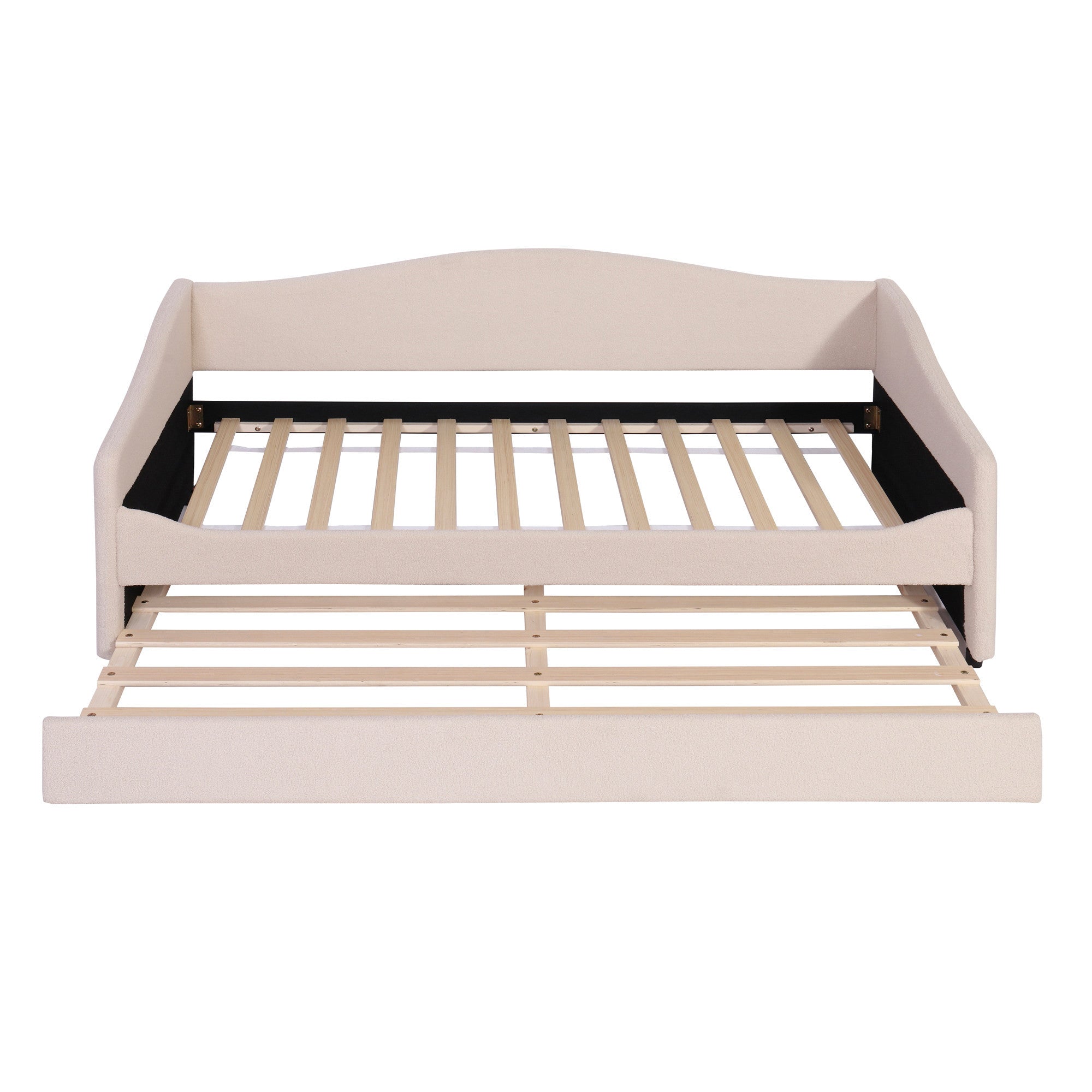 Beige Tufted Boucle Twin Day Bed With LED Lighting And Trundle And USB-7