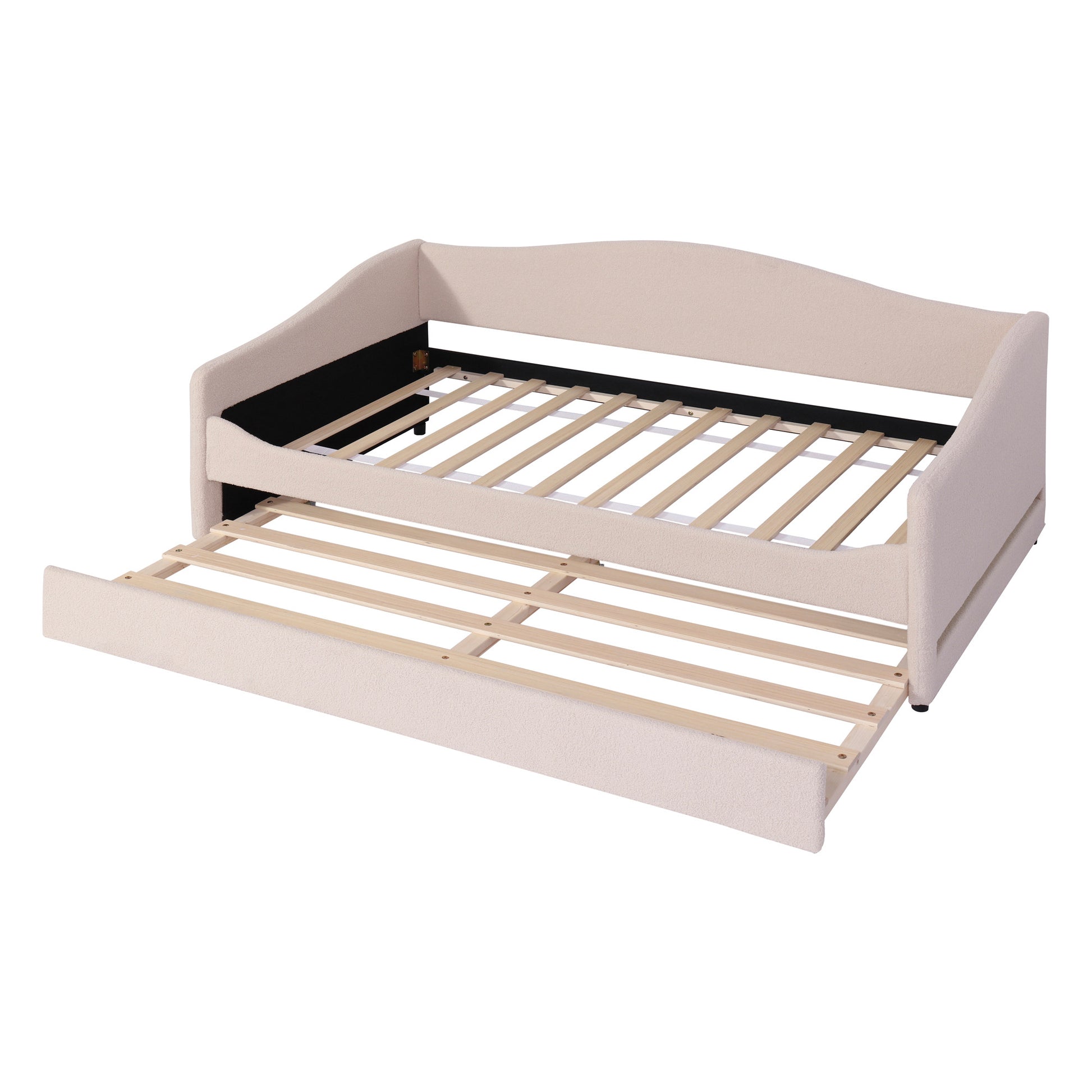 Beige Tufted Boucle Twin Day Bed With LED Lighting And Trundle And USB-5