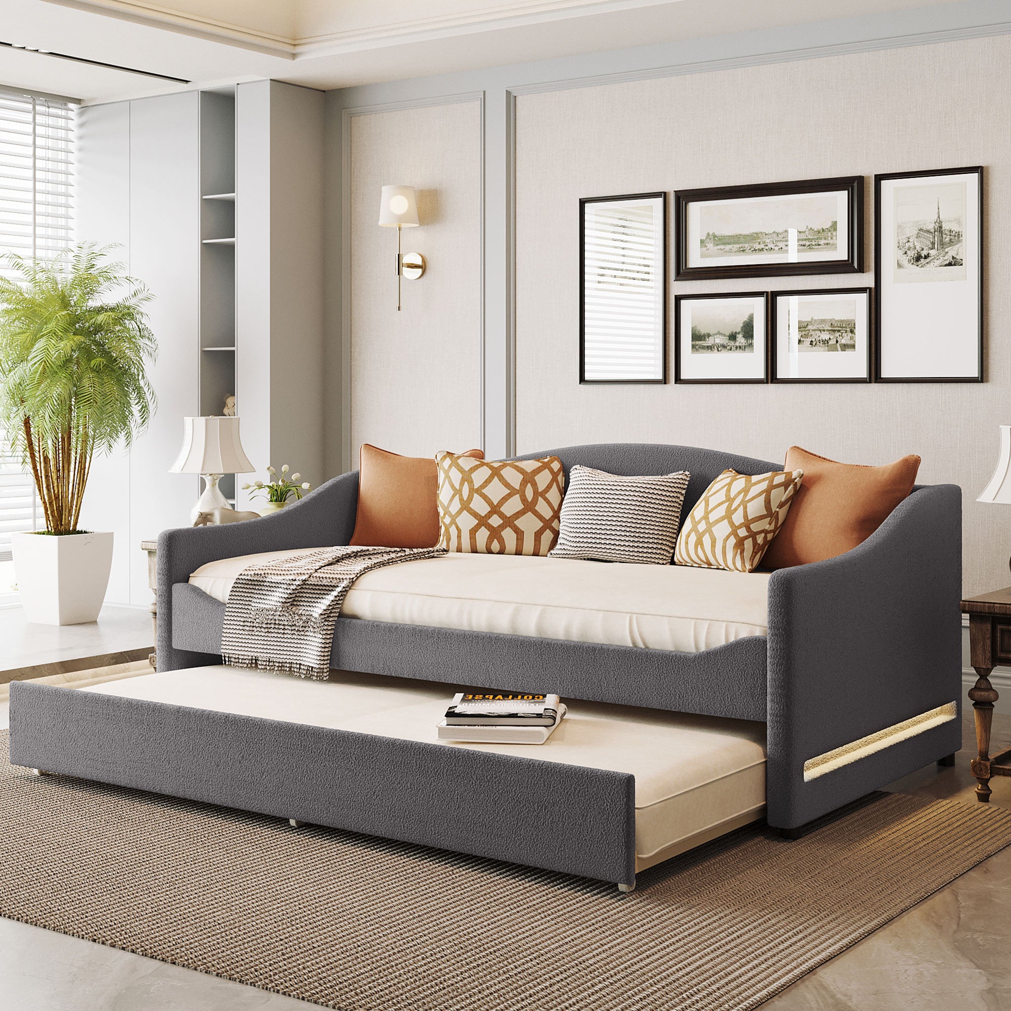 Gray Tufted Boucle Twin Day Bed With LED Lighting And Trundle And USB-8