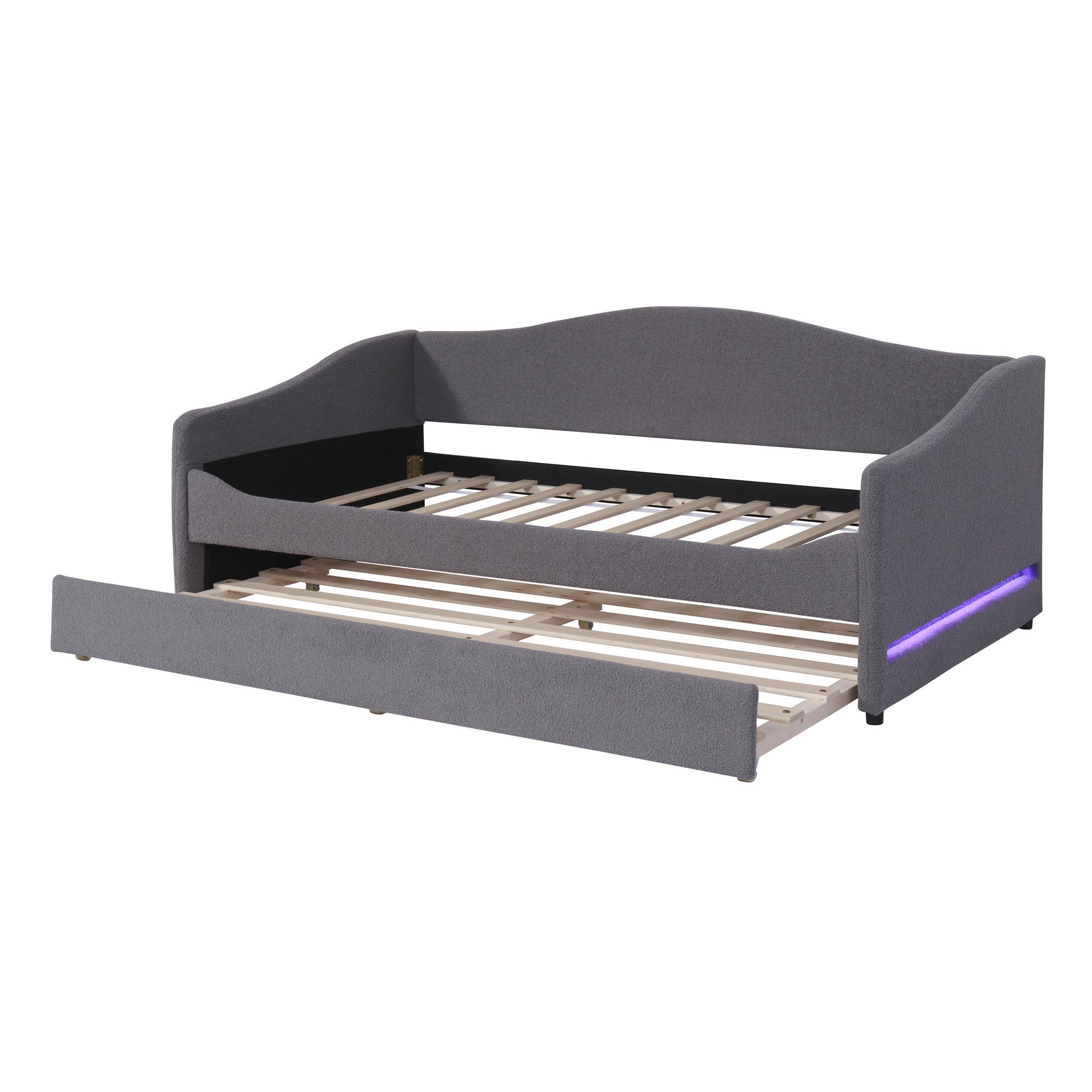 Gray Tufted Boucle Twin Day Bed With LED Lighting And Trundle And USB-4