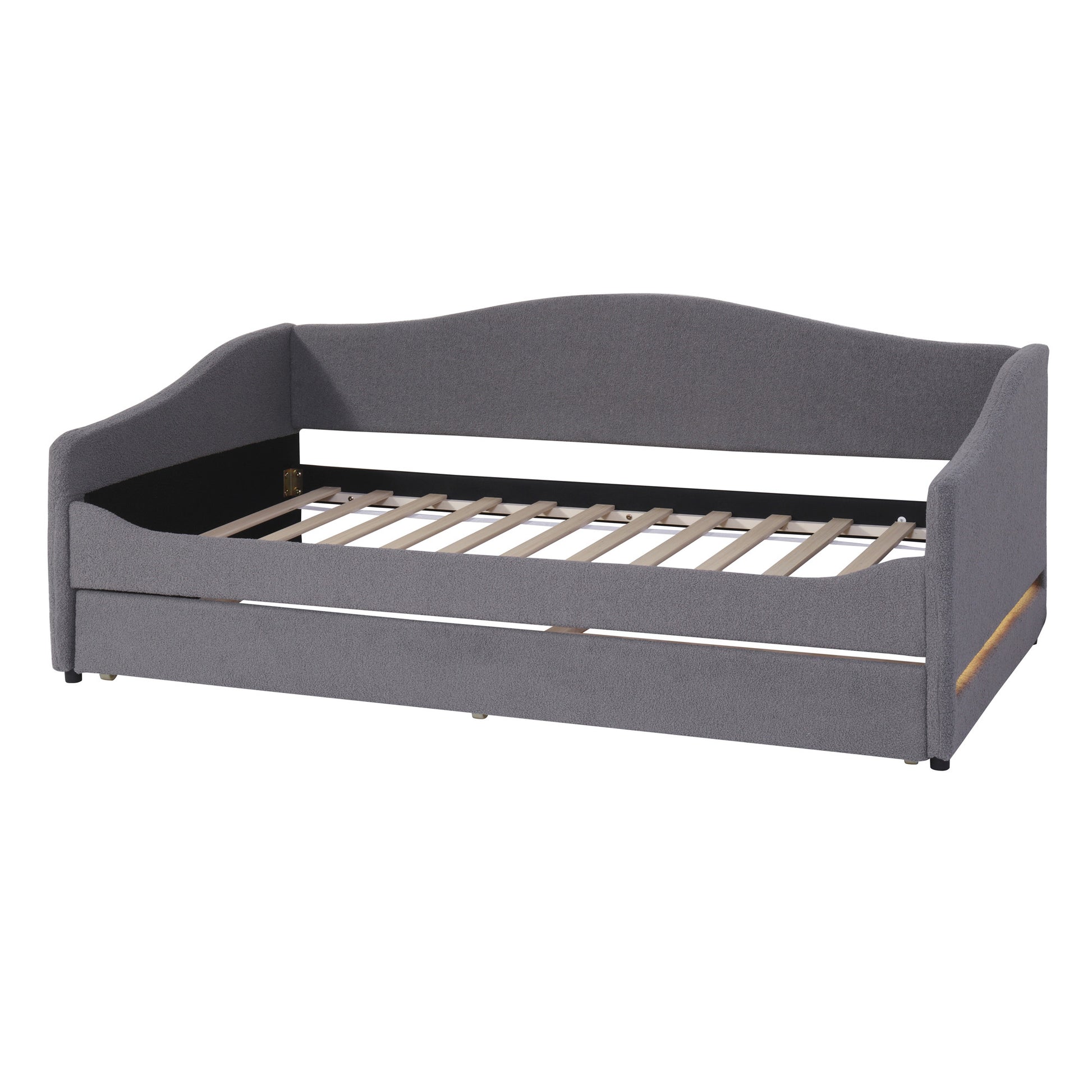 Gray Tufted Boucle Twin Day Bed With LED Lighting And Trundle And USB-6