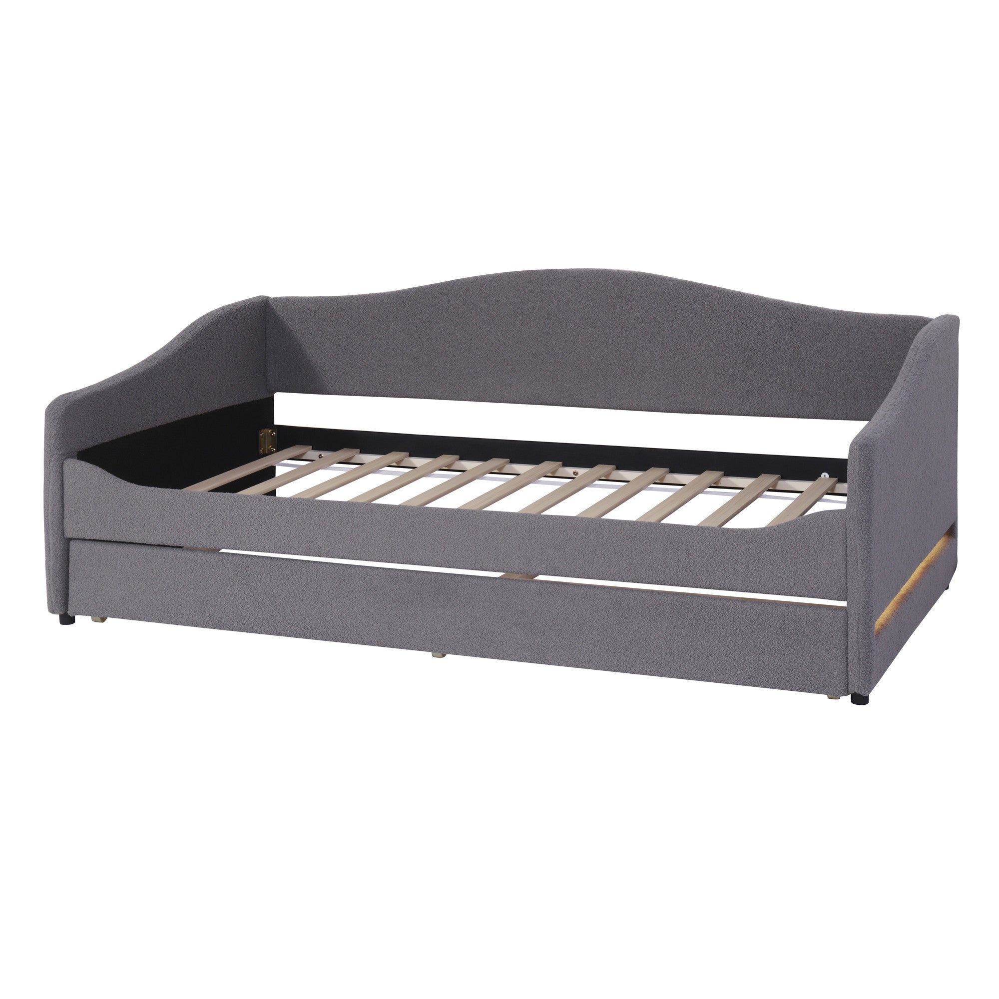 Gray Tufted Boucle Twin Day Bed With LED Lighting And Trundle And USB-6