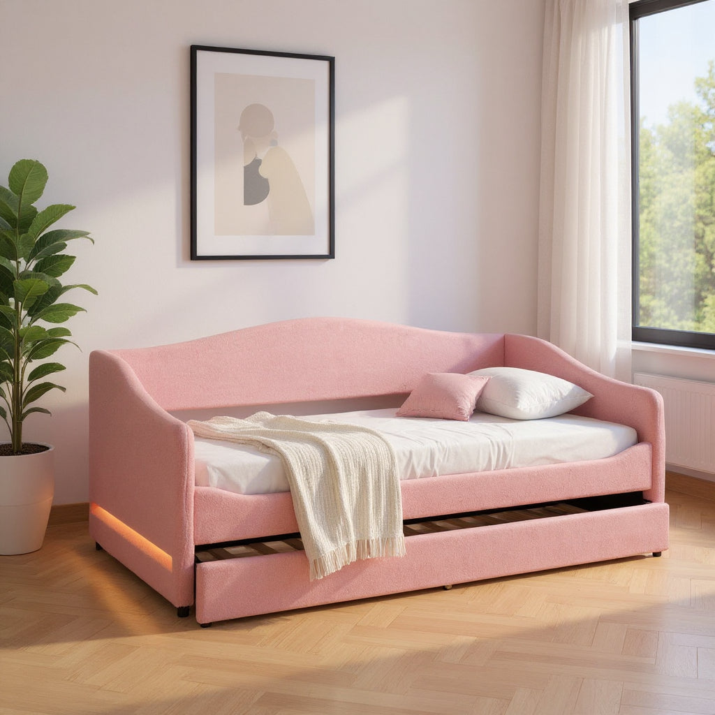 Pink Tufted Boucle Twin Day Bed With LED Lighting And Trundle And USB-0