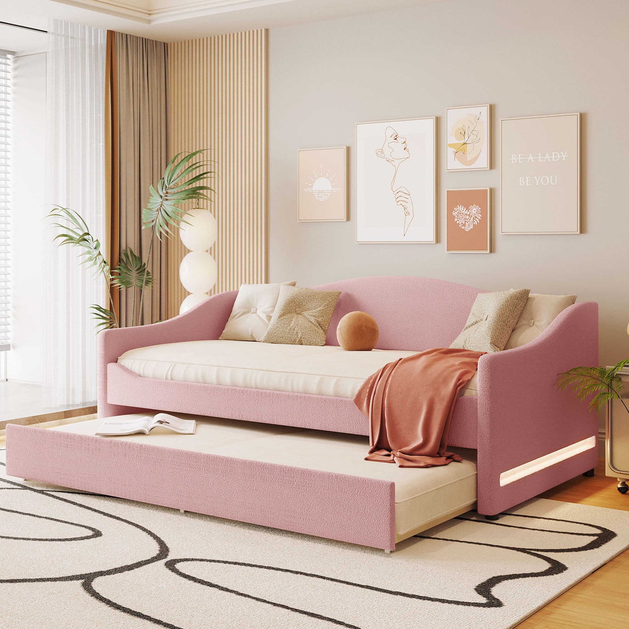Pink Tufted Boucle Twin Day Bed With LED Lighting And Trundle And USB-8