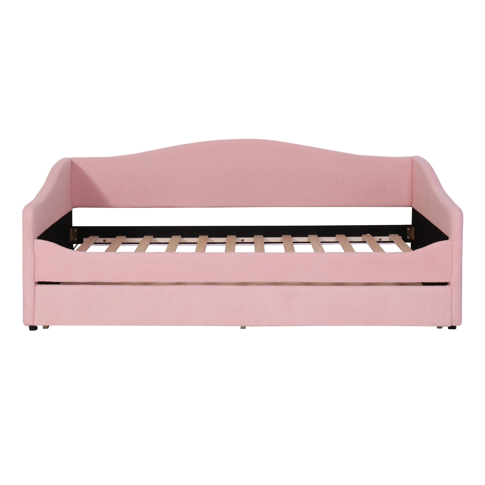 Pink Tufted Boucle Twin Day Bed With LED Lighting And Trundle And USB-1