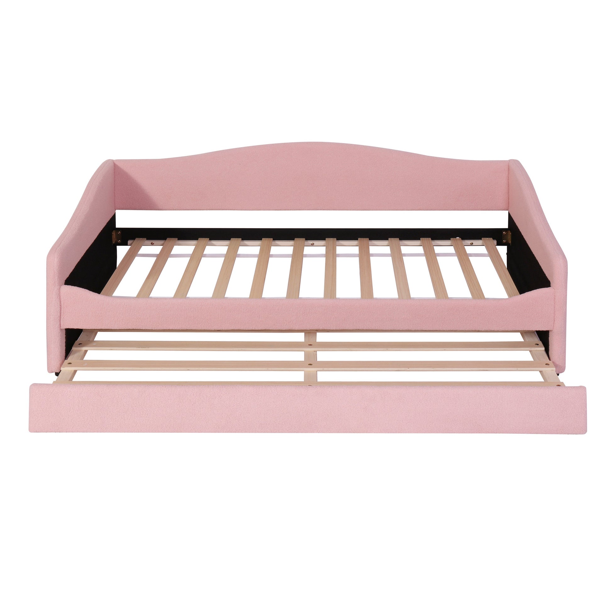 Pink Tufted Boucle Twin Day Bed With LED Lighting And Trundle And USB-2