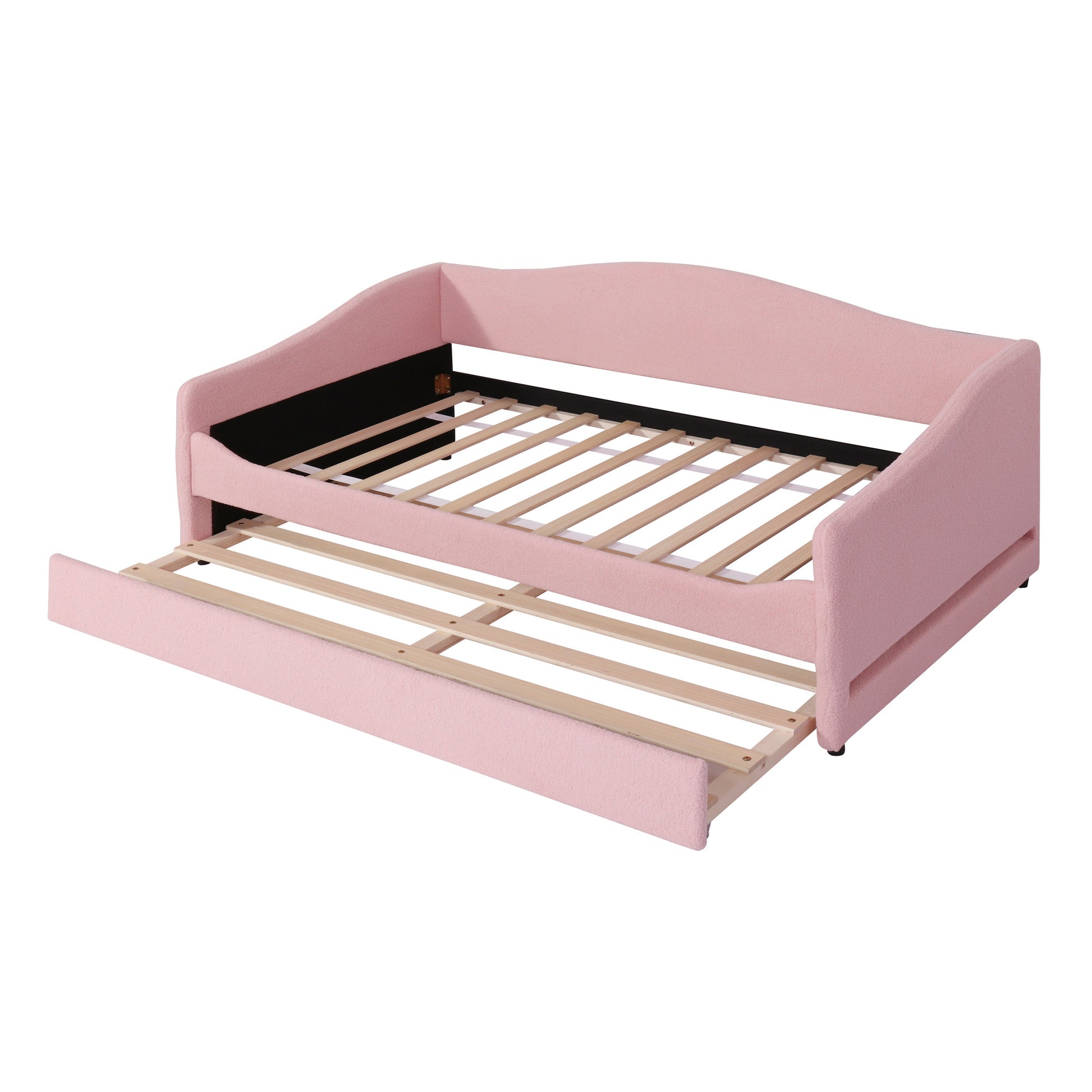 Pink Tufted Boucle Twin Day Bed With LED Lighting And Trundle And USB-3