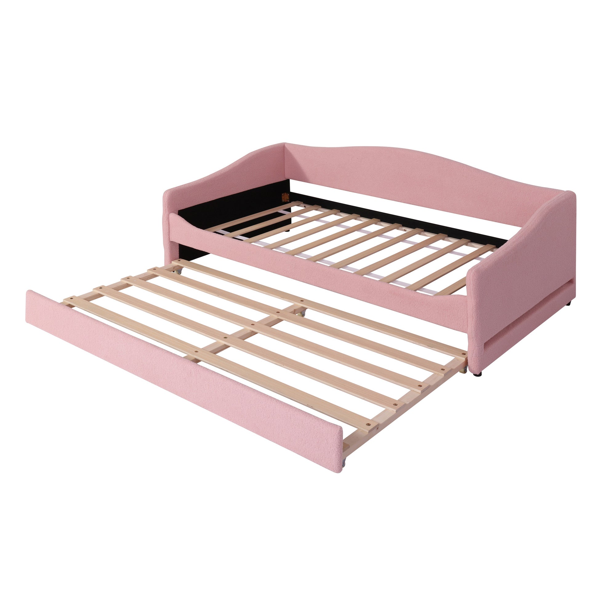 Pink Tufted Boucle Twin Day Bed With LED Lighting And Trundle And USB-4
