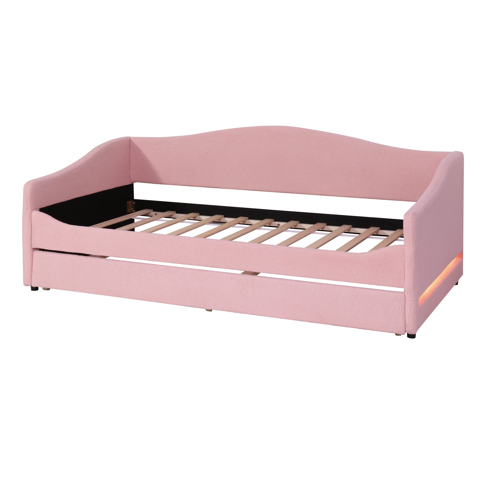 Pink Tufted Boucle Twin Day Bed With LED Lighting And Trundle And USB-5