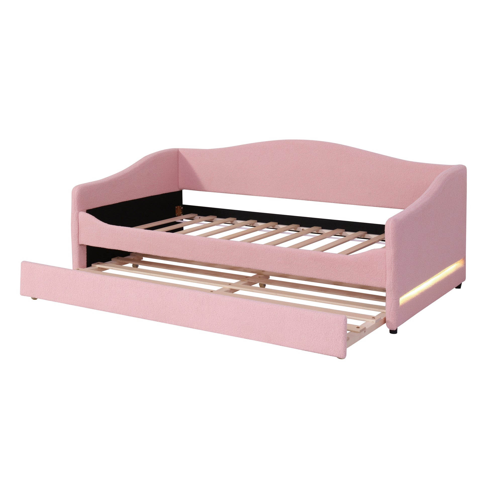 Pink Tufted Boucle Twin Day Bed With LED Lighting And Trundle And USB-6