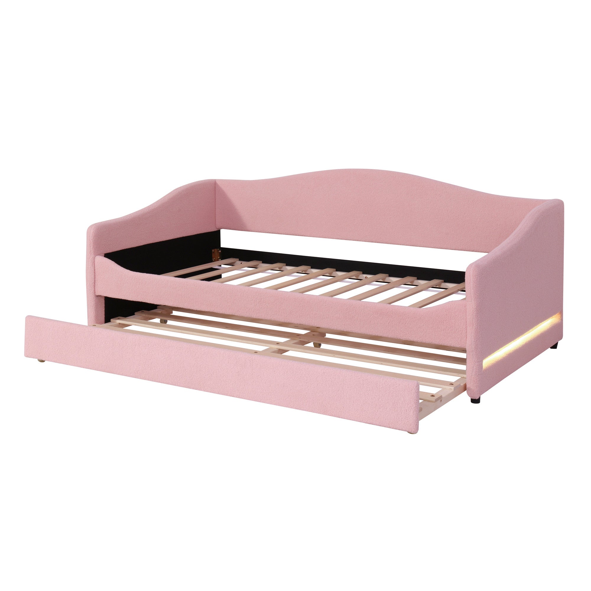 Pink Tufted Boucle Twin Day Bed With LED Lighting And Trundle And USB-6