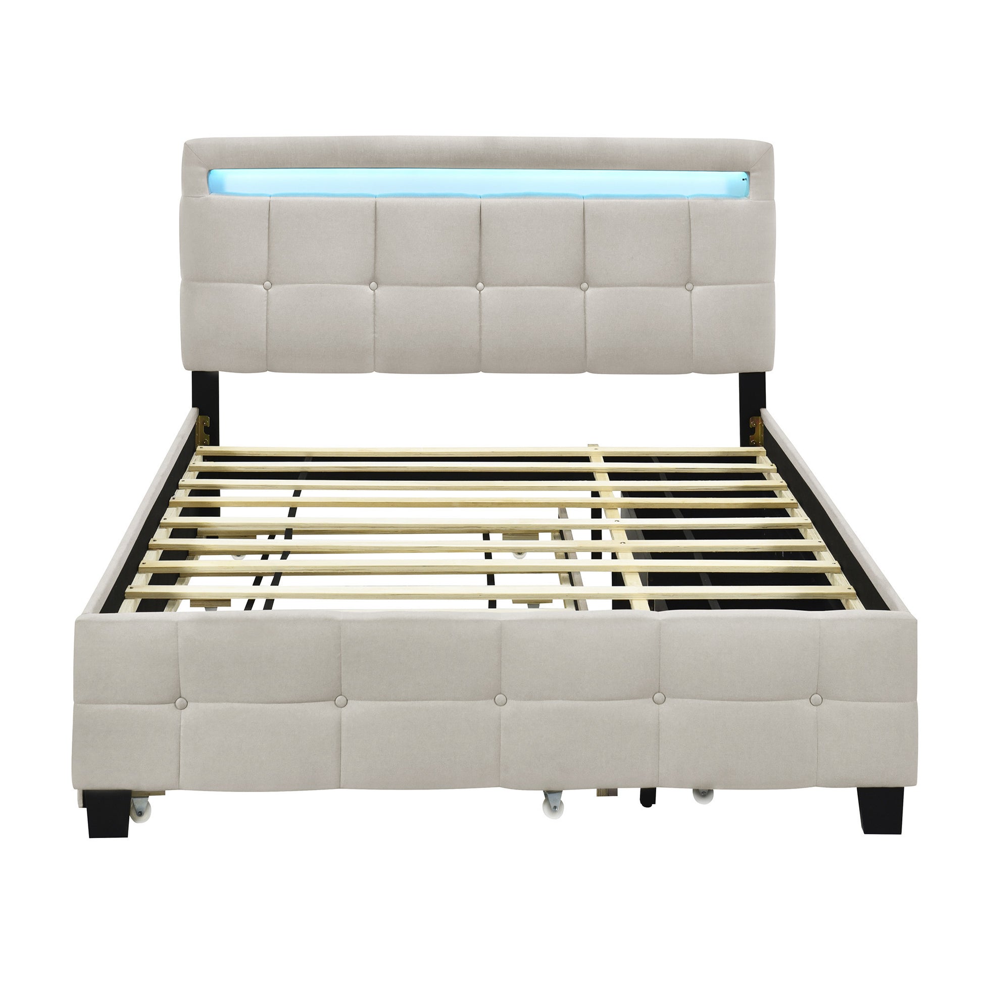 Beige Tufted Upholstered Lighted Queen Bed Frame With Trundle And USB And Drawers-7