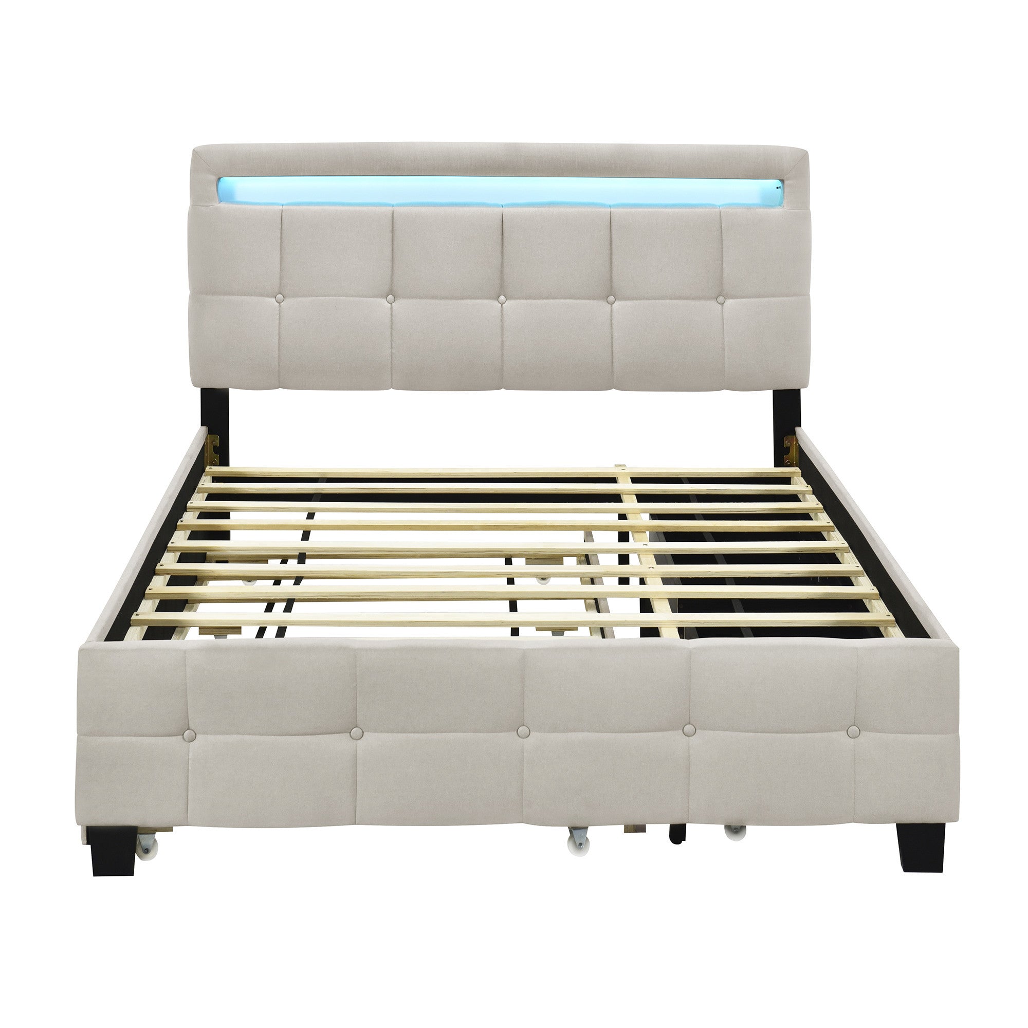 Beige Tufted Upholstered Lighted Queen Bed Frame With Trundle And USB And Drawers-7