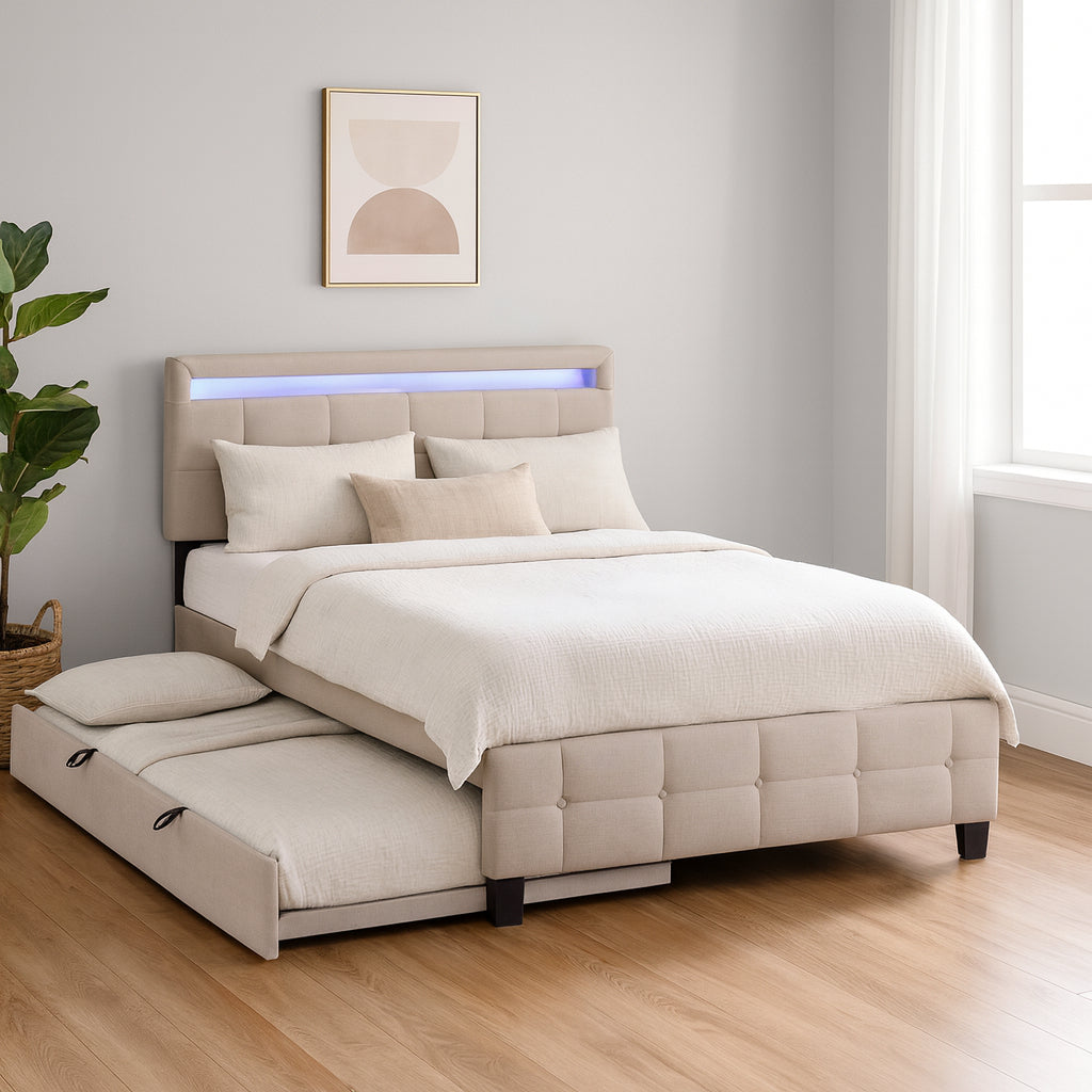 Beige Tufted Upholstered Lighted Queen Bed Frame With Trundle And USB And Drawers-0
