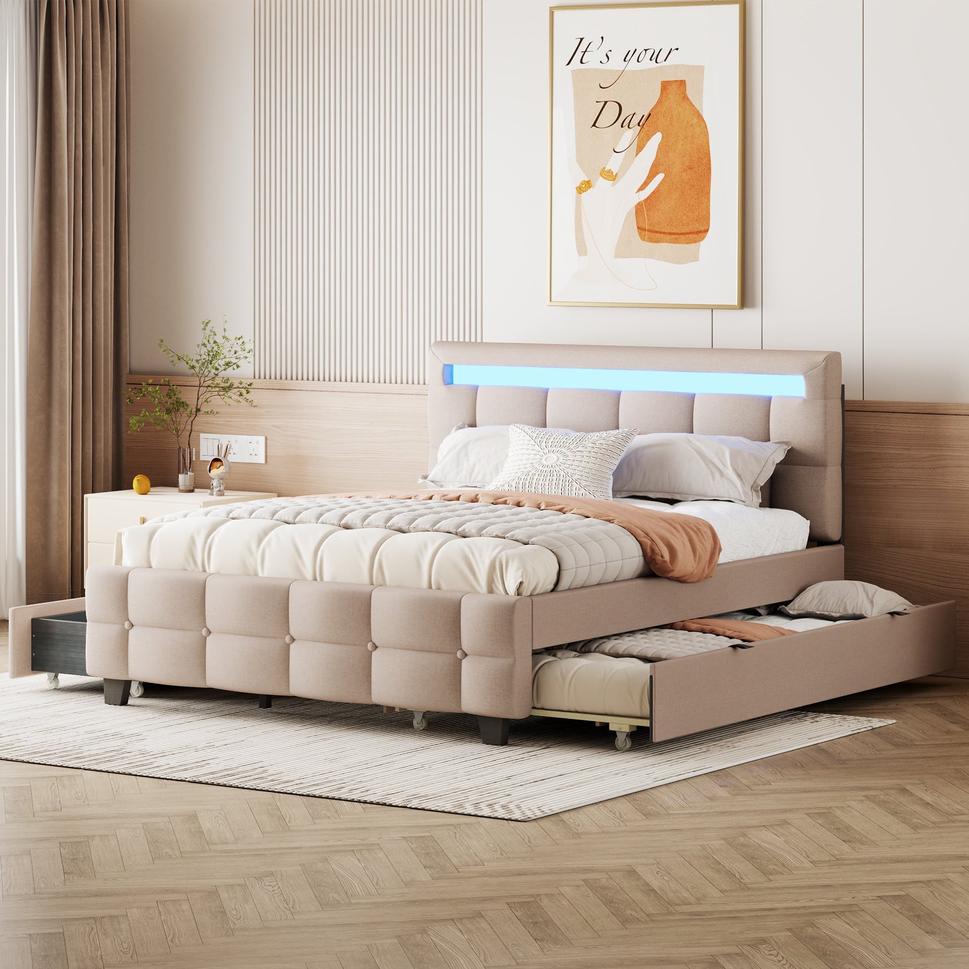 Beige Tufted Upholstered Lighted Queen Bed Frame With Trundle And USB And Drawers-8