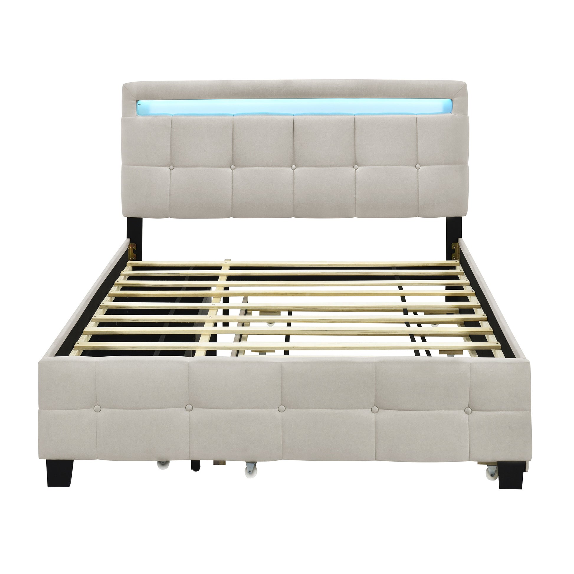 Beige Tufted Upholstered Lighted Queen Bed Frame With Trundle And USB And Drawers-1