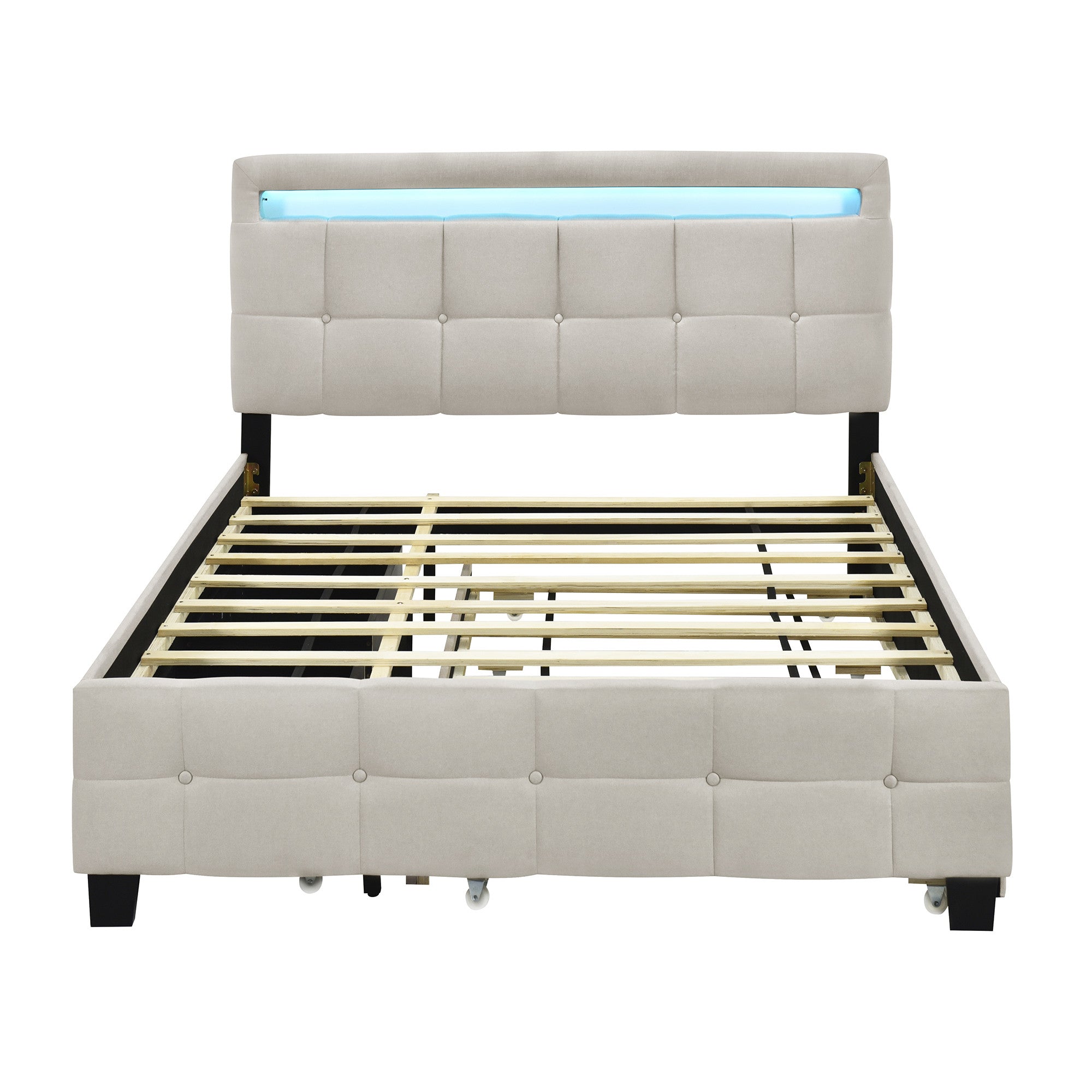 Beige Tufted Upholstered Lighted Queen Bed Frame With Trundle And USB And Drawers-1