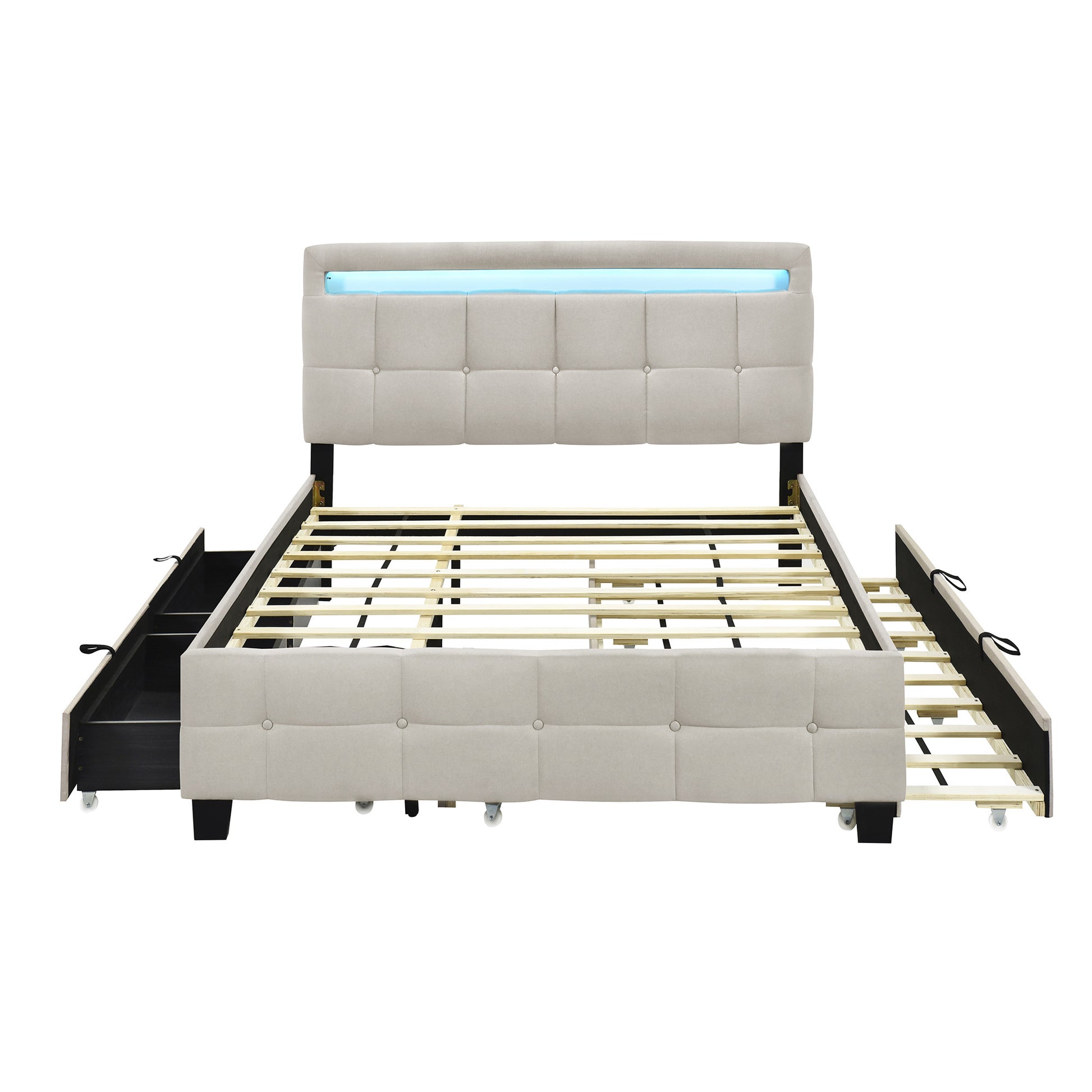 Beige Tufted Upholstered Lighted Queen Bed Frame With Trundle And USB And Drawers-2